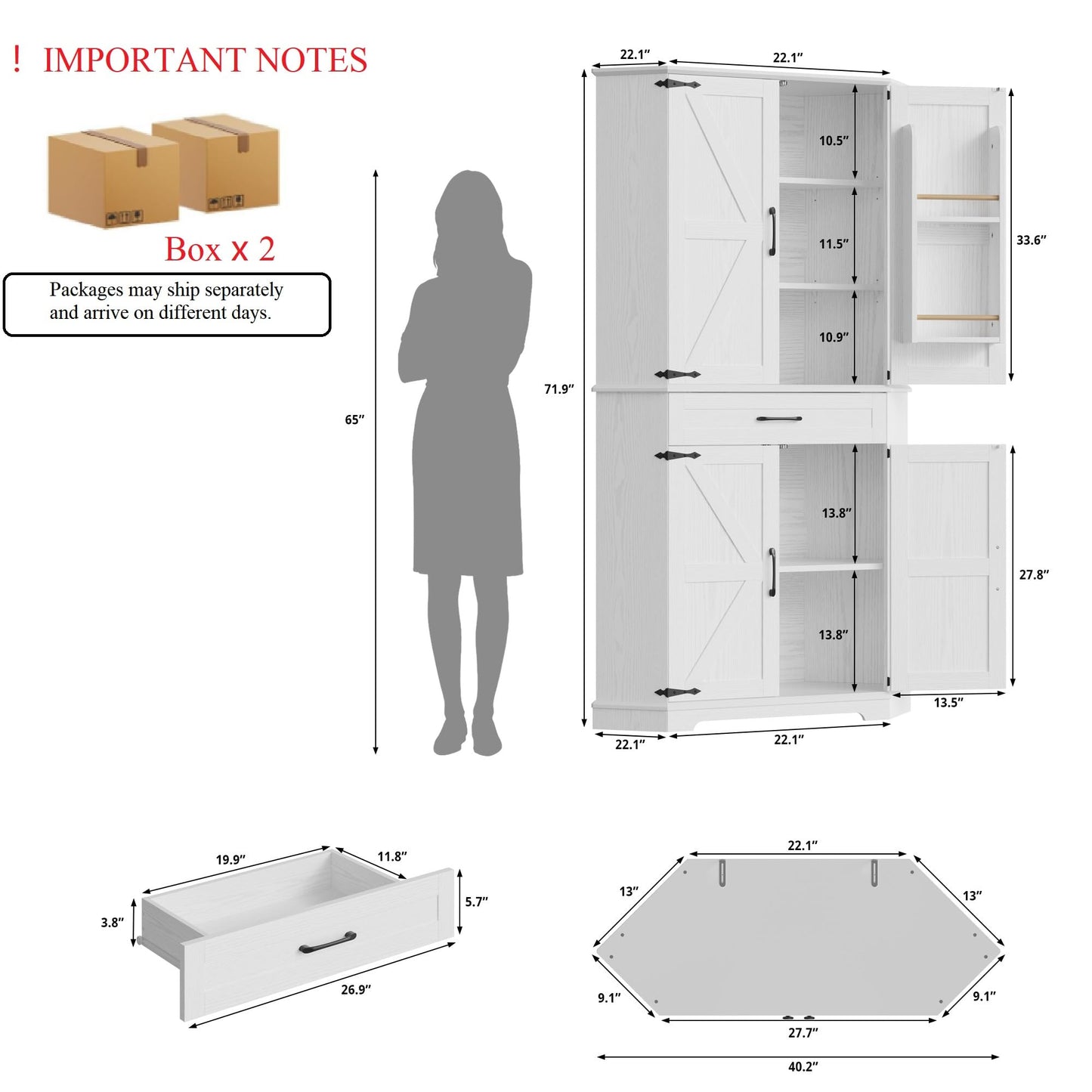 IRONCK 72" Corner Cabinet, Kitchen Pantry Storage Cabinet with Drawer, Spacious Farmhouse Pantry with 3 Adjustable Shelves, 2 Doors Storage, for Kitchen, White