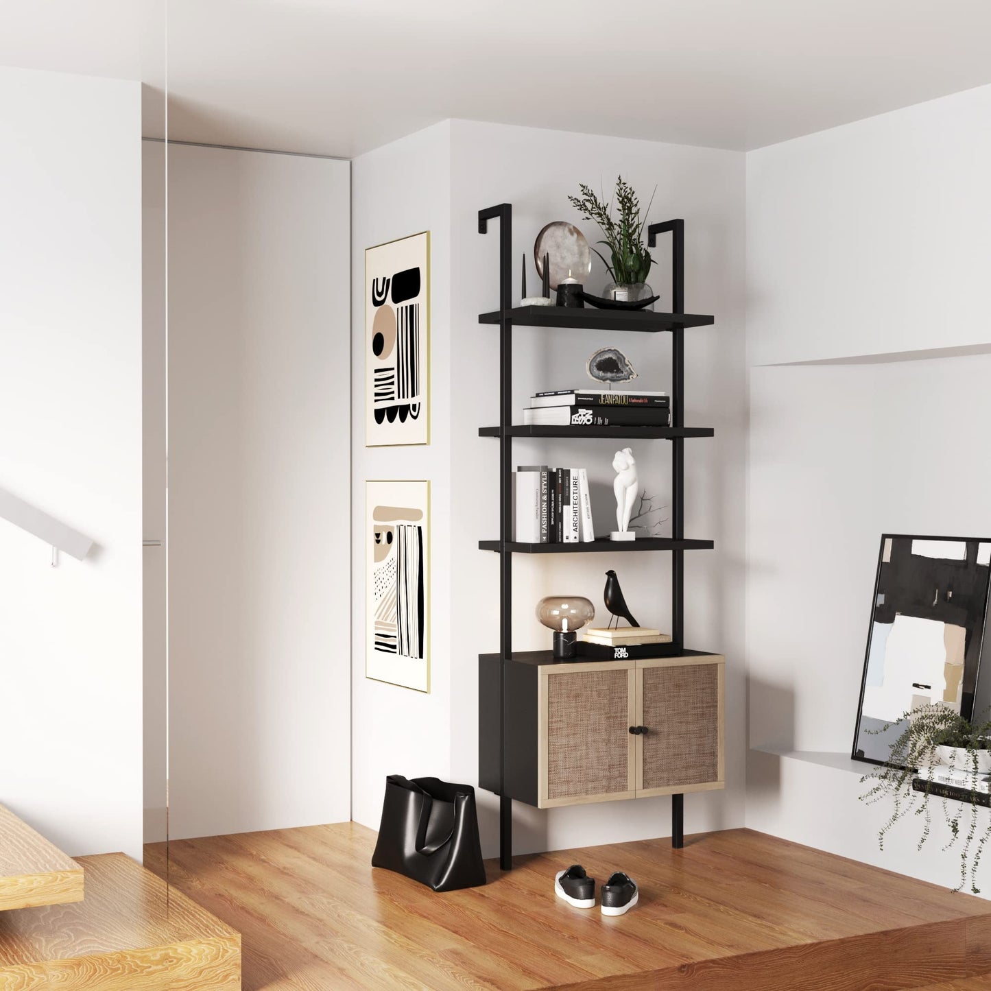 Nathan James Theo Modern Bookcase with Rattan Cabinet in Matte Black and Light Oak Finish with Matte Black Metal Frame for Living Room, Home Office Storage