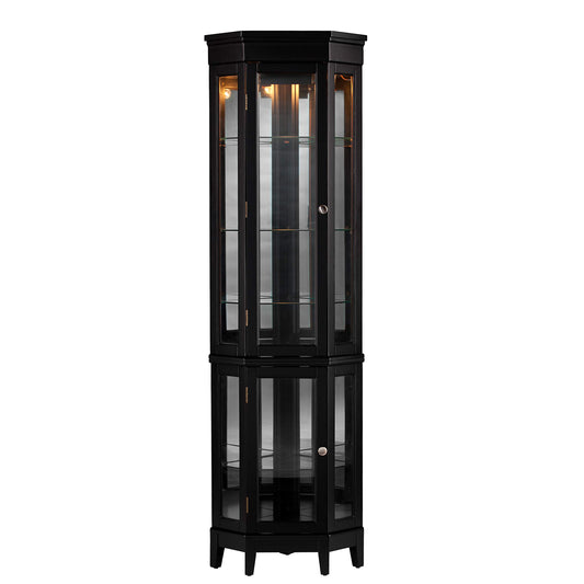 SEI Furniture Essex Corner Curio Cabinet - Adjustable Glass Shelves - 2 Tier With Black Finish, Transitional Style Pine, Black