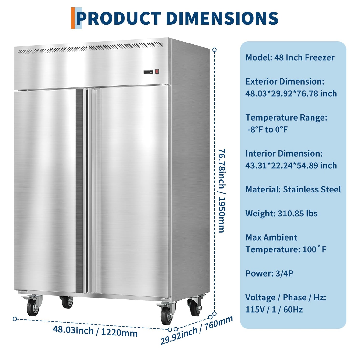 48" Commercial Upright Freezer, 36 Cu.Ft Stainless Steel - 2 Door Beverage Freezer with Auto Defrost, Fan Cooling, 6 Adjustable Shelves, Ideal for Restaurant, Bar, Shop