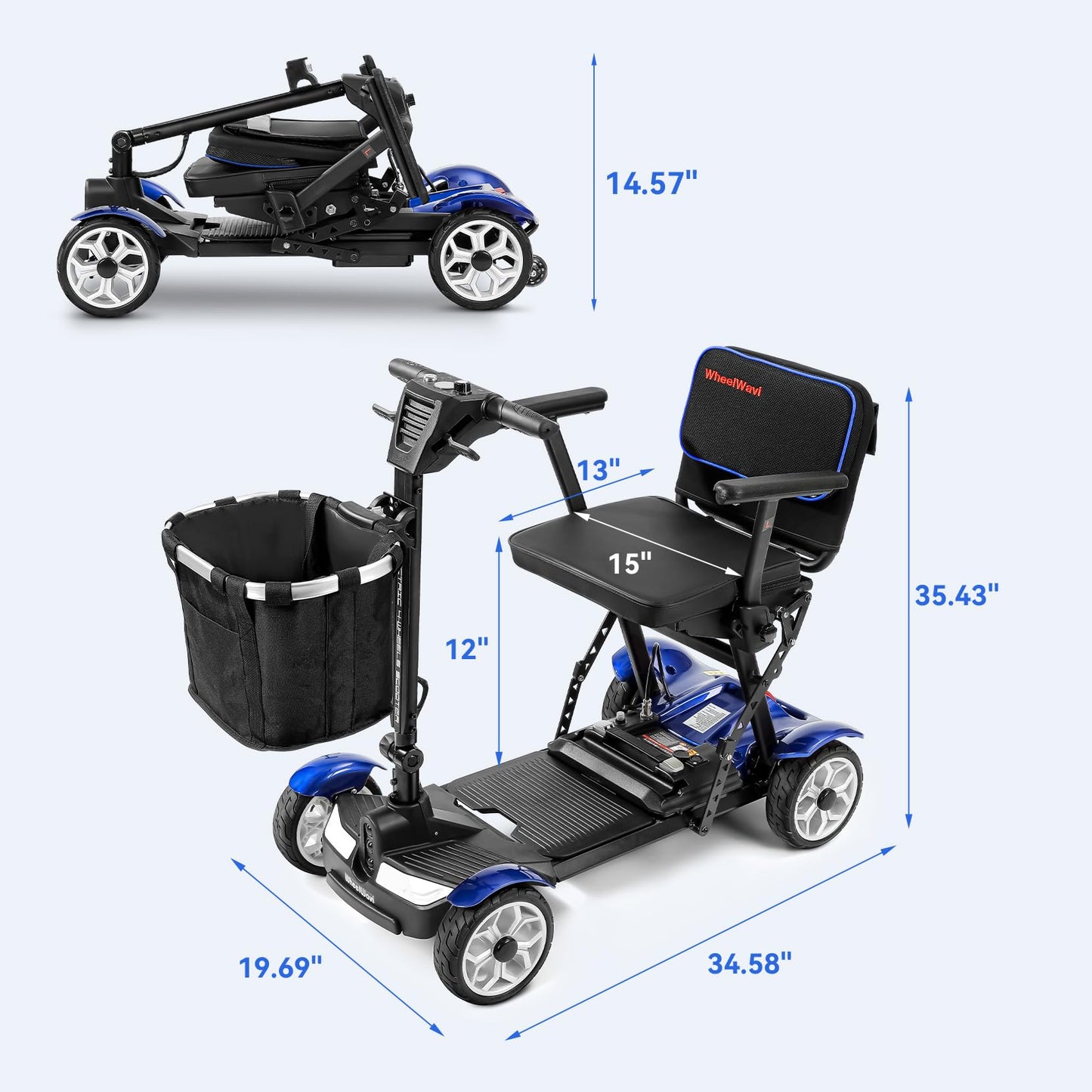 (2026 Upgrade) Lightweight Mobility Scooter for Seniors & Adults, Folding Mobility Scooters, 24.8 Miles Travel Foldable 4 Wheeler, Removable Lithium Battery, 300lb Capacity-Gloss Blue