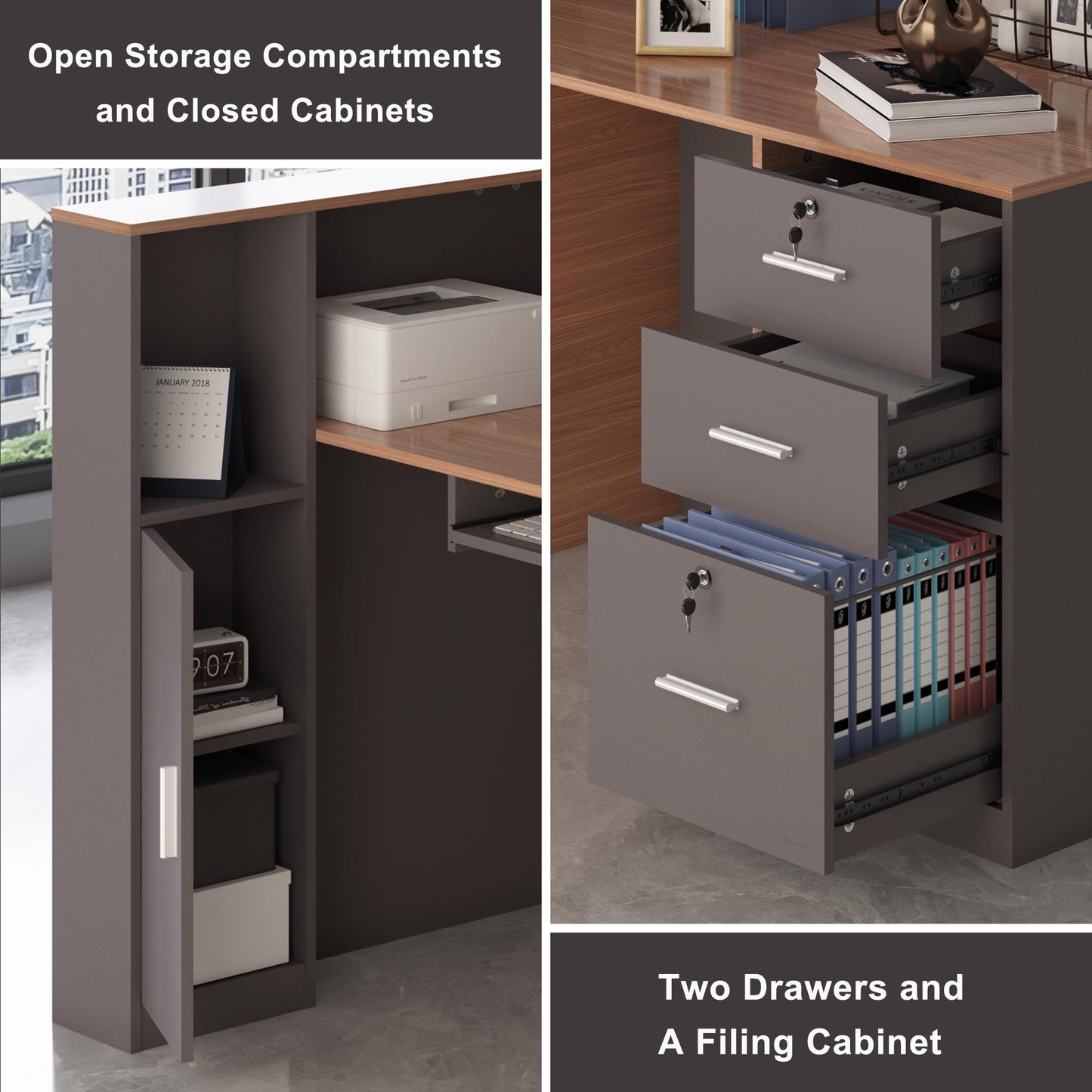Zethvax L-Shaped Reception Desk,Large Front Desk with Keyboard Tray, Lockable Drawers & File Cabinet, Receptionist Desk for Checkout,Lobby (Left L-Walnut/Slate Gray, 71''L x 23.6''W x 41.3''H)