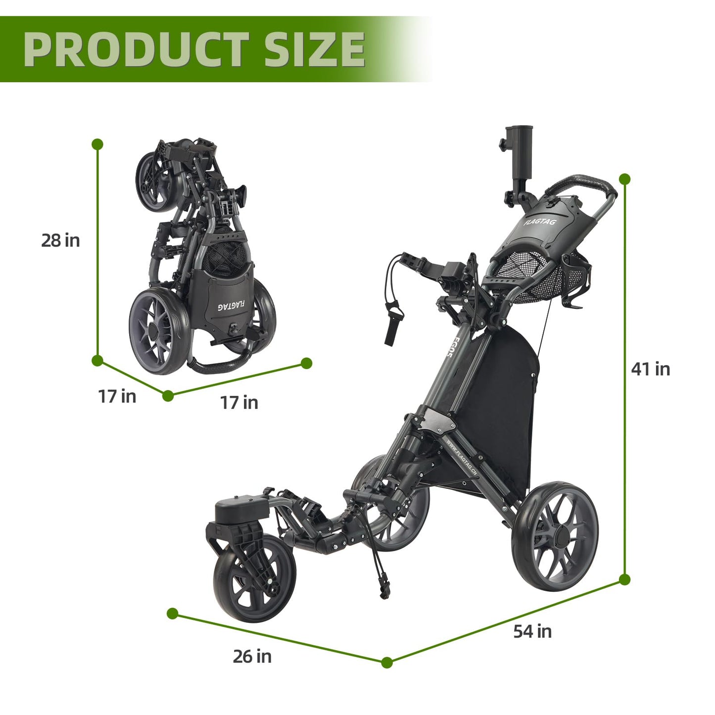 FLAGTAG Golf Push Cart 3 Wheel with 360 Swivel Front Wheel,Lightweight and Foldable Walking Golf Cart，One-Click Foldable,with Foot Brake