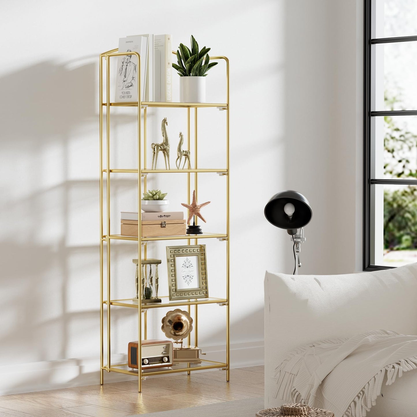 Crofy 5-Tier Foldable Bookshelf, Gold Frame & Transparent Shelves