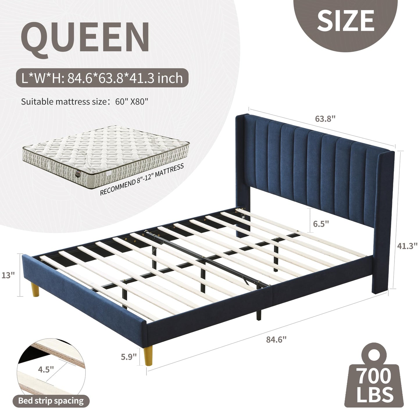 YUHUASHI upholstered Platform Bed Frame/Queen Bed Frame/Modern Geometric Double-Wing Design headboard/Linen Fabric/Easy to Assemble no Noise (Navy Blue, Queen (U.S. Standard))