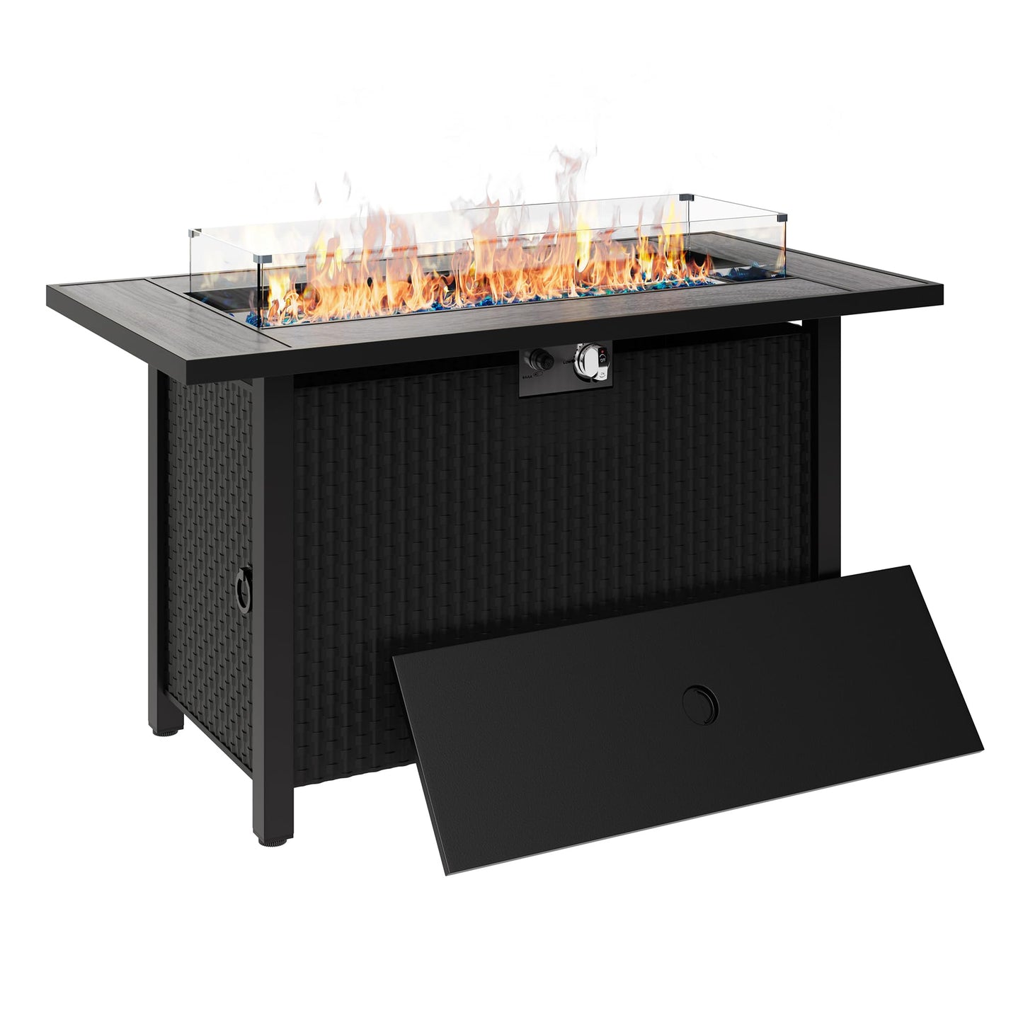 45 inch Outdoor Propane Fire Pit 50,000 BTU Gas Fire Pit Table with Lid, Glass Wind Guard, Waterproof Cover, Rectangle Gas Firepit Table for Garden/Patio, CSA Certification