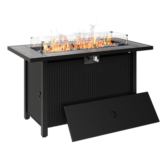 45 inch Outdoor Propane Fire Pit 50,000 BTU Gas Fire Pit Table with Lid, Glass Wind Guard, Waterproof Cover, Rectangle Gas Firepit Table for Garden/Patio, CSA Certification