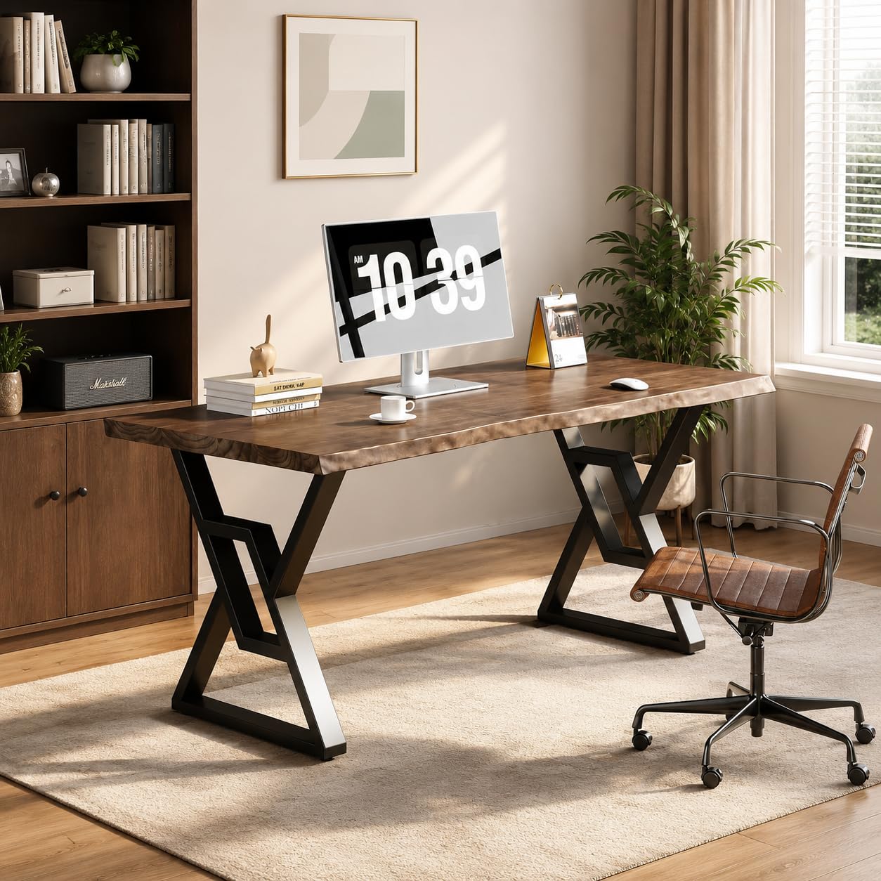 QZYJKJ 55 Inch Solid Wood Computer Desk, Rustic Brown Home Office Desk with Metal Frame, Large Writing Desk for Study, Gaming, Workstation & Dining Room, Modern Farmhouse Design