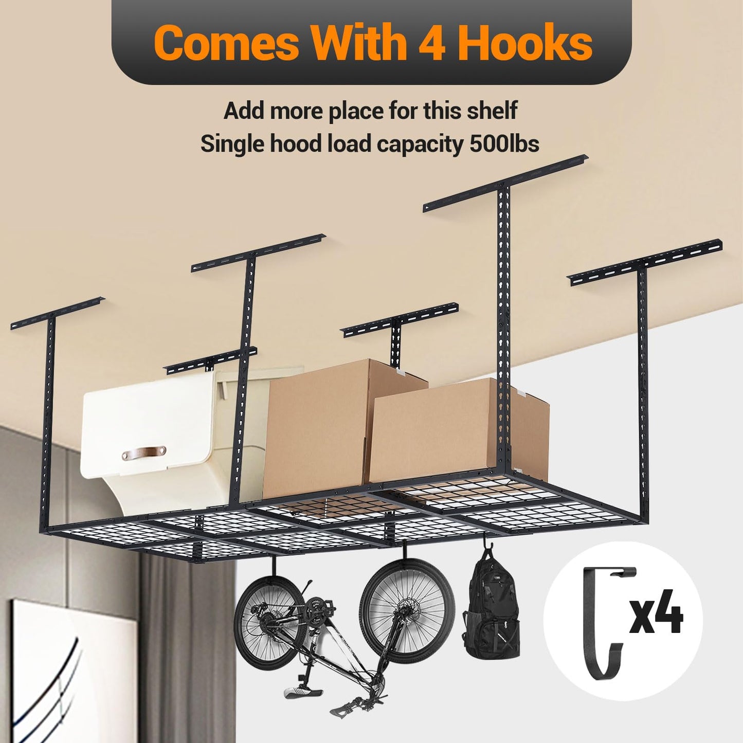 3x8FT Overhead Garage Storage Rack, 600LB Capacity Heavy Duty Ceiling Storage Racks, 22-40" Height Adjustable Metal Organizer System for Seasonal Items & Tools