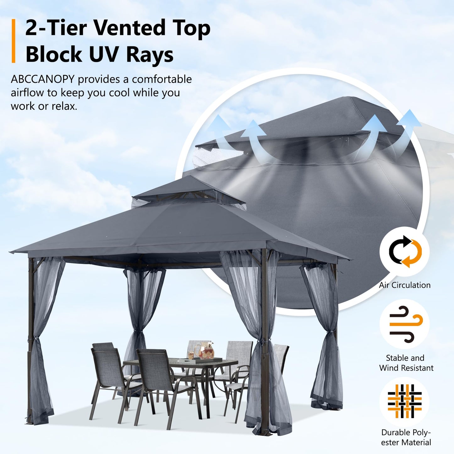 ABCCANOPY Outdoor Patio Gazebo 11x11 - Double Roof Canopy with Mosquito Netting for Backyard, Deck, Garden, Lawn, Dark Gray