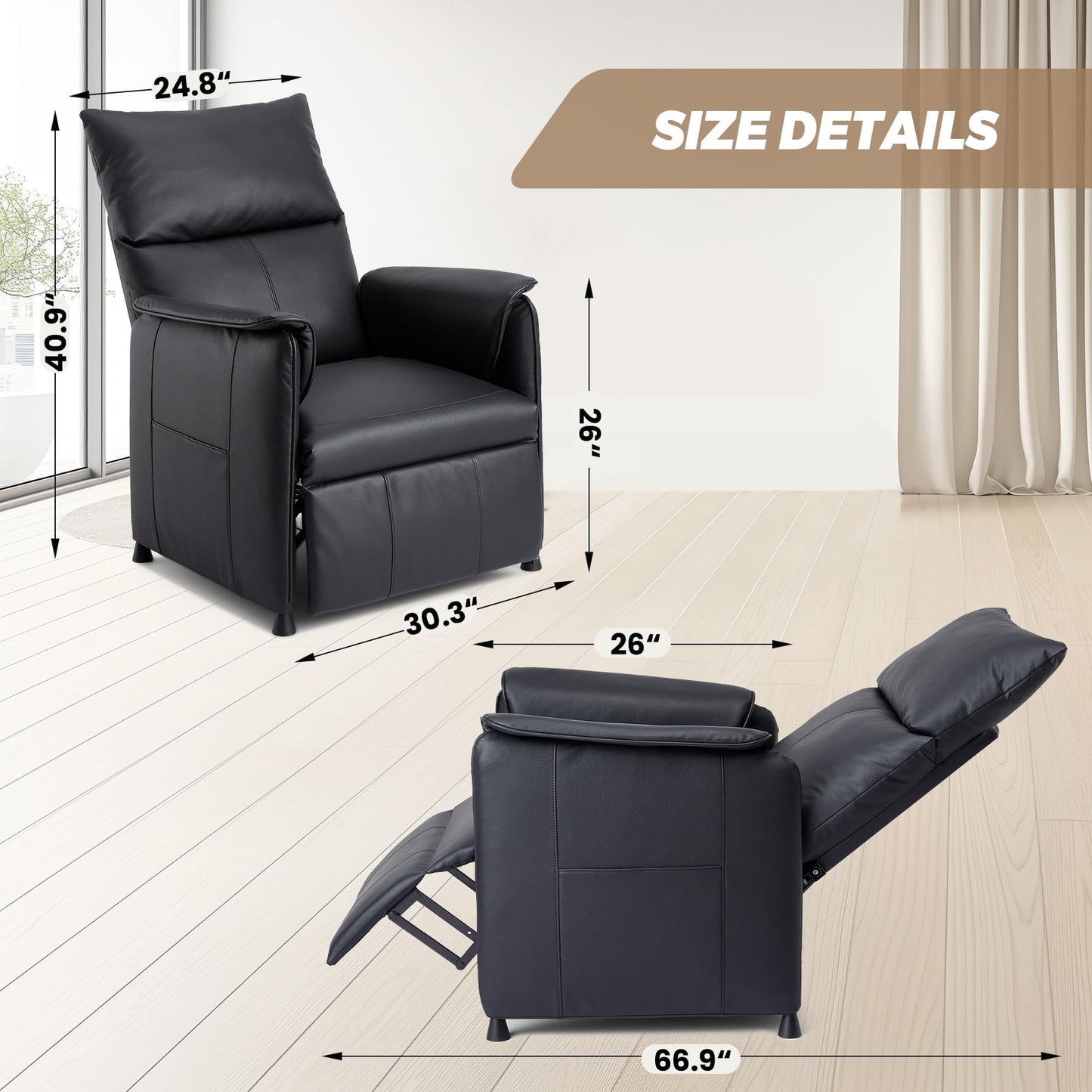 Electric Recliner Chair with Heat and Massage, Power Recliner Sofa Bed for Living Room, Home Theater or Office, Heated Recliner, Adjustable PU Leather Massage Chair, Remote Control, Black