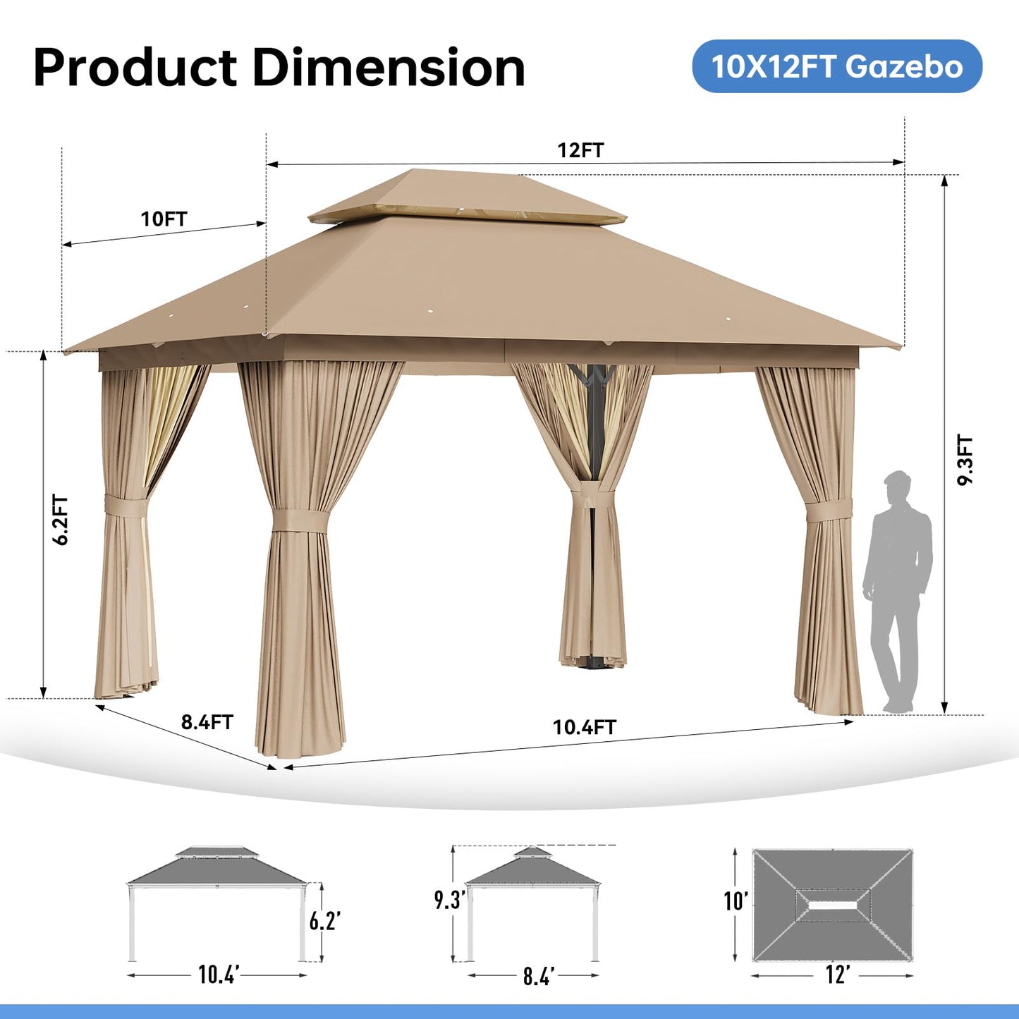 Outdoor Gazebo Metal Frame Patio Pergola Double Roofs Patio Canopy with Double-Layer Door and Mosquito Netting for Deck, Backyard, Lawn (Beige, 10x12FT)