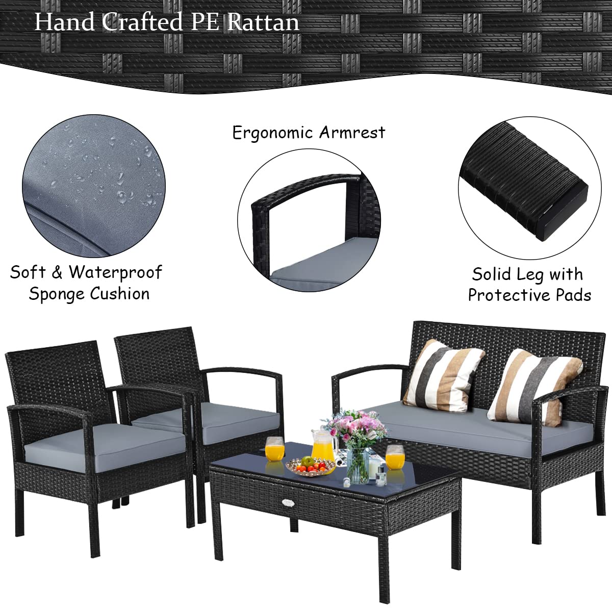 Tangkula 4-PCS Wicker Patio Conversation Furniture Set, Outdoor Rattan Chair and Table Set, Patio Furniture Sets with Coffee Table & Washable Cushions for Courtyard Balcony Garden (1, Black)