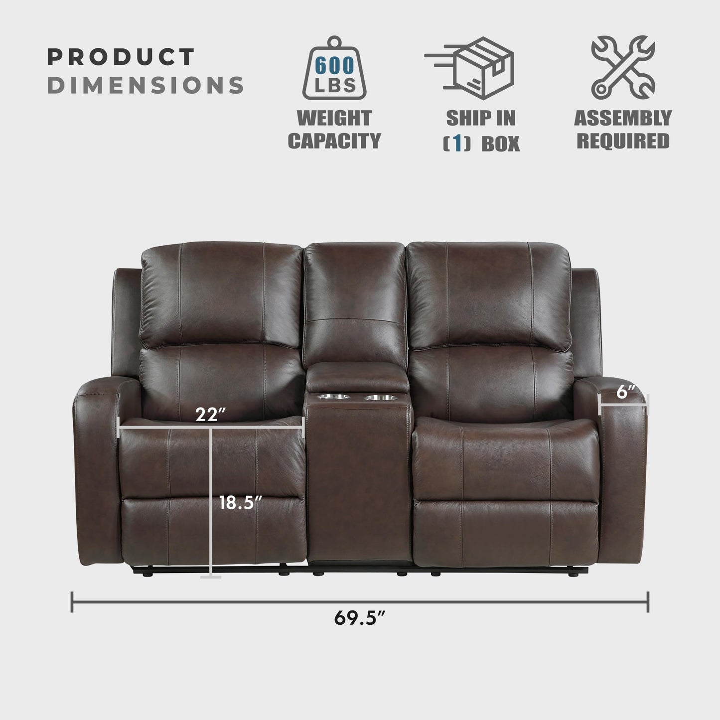 Lexicon Manual Double Reclining Loveseat with Center Console, Top Grain Leather Match Wall Hugger Recliner Loveseat, Storage, Cup Holders, High Density Foam Over Pocket Coils, for Living Room, Brown