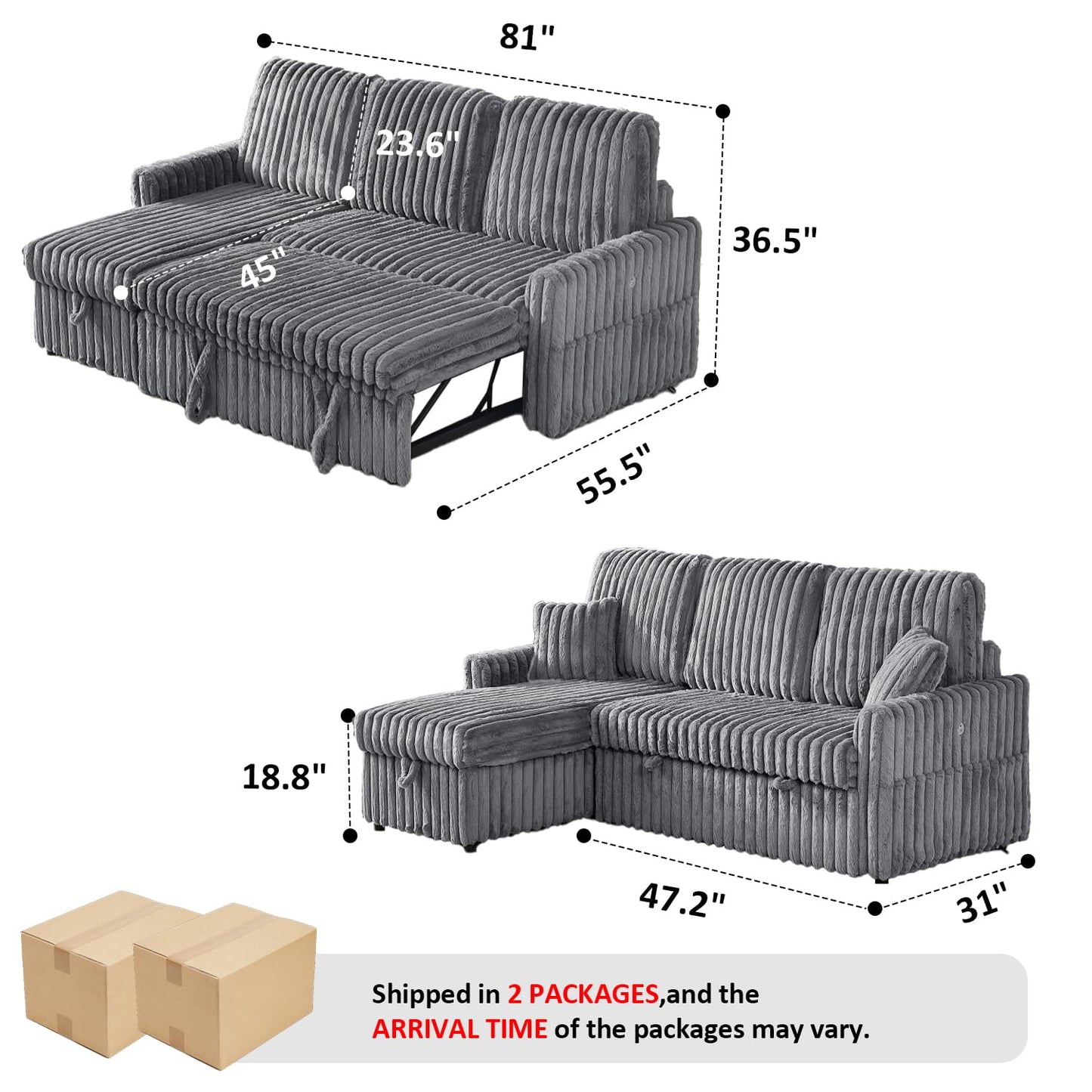 KCGKCG Sleeper Sofa Bed, 81” Pull Out Couch Bed with Reversible Storage Chaise, 3 in 1 L-Shaped Couch with Charging Station, Cup Holder, Side Pocket, Plush Corduroy Couches for Living Room(Light Grey)