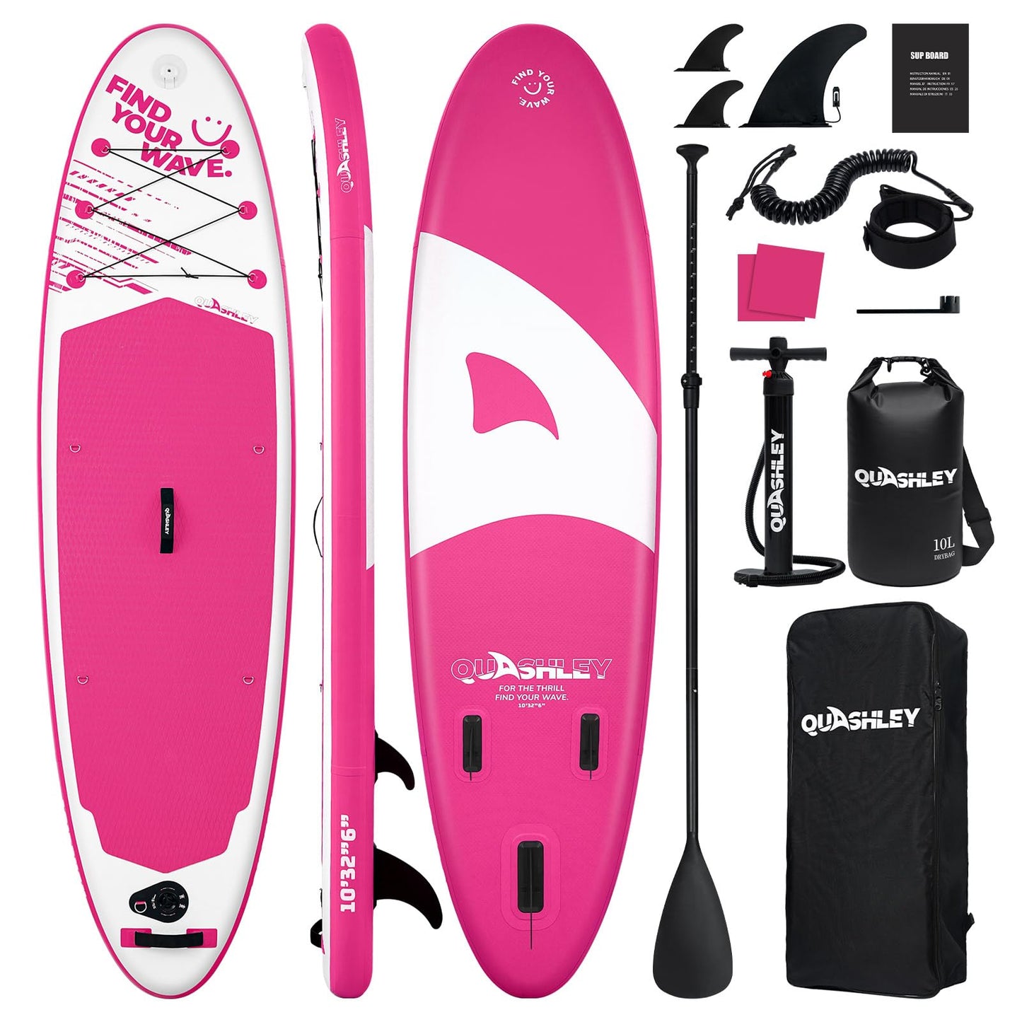 Quashley All-in-One Inflatable Stand Up Paddle Board: SUP with Paddle, Pump, 10L Waterproof Bag - 10.5'*32" Portable & Tough for Outdoor Adventures