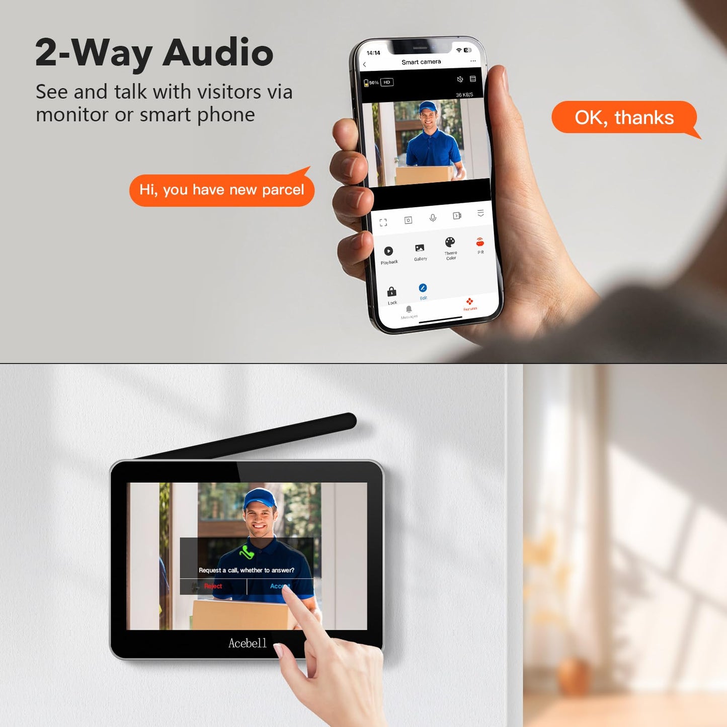ACEBELL Wireless Smart Video Doorbell Intercom System, WiFi 1080P Video Doorbell Camera with Monitor, Video Door Phone with 7''Touch Screen, Motion Detection, No Subscription, APP Control
