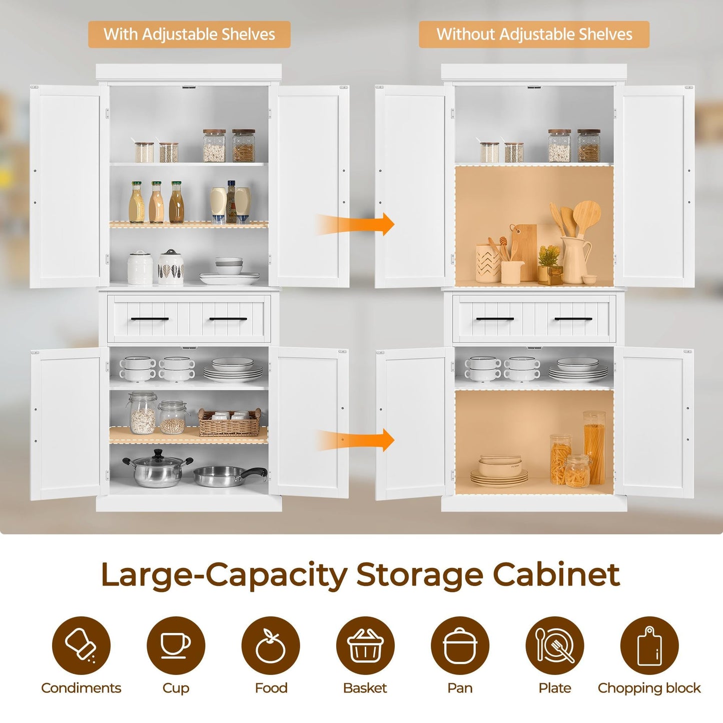 Yaheetech Kitchen Pantry Storage Cabinet with 4 Doors and 2 Adjustable Shelves, 72.5" Freestanding Tall Cupboard Cabinet with Drawer for Dining/Living Room, White