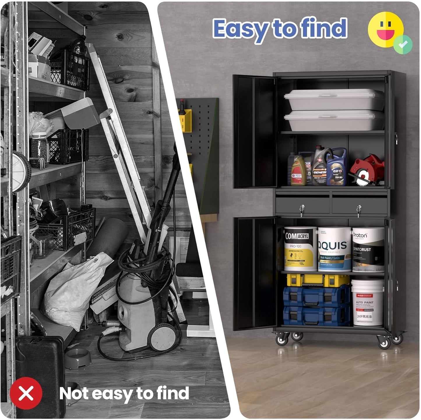 Metal Garage Storage Cabinet with 4 Wheels and 2 Drawers, 72" Heavy Duty Rolling Tool Storage Cabinet Organizer, Locking Doors and Adjustable Shelves for Garage, Workshop, Office, Warehouse