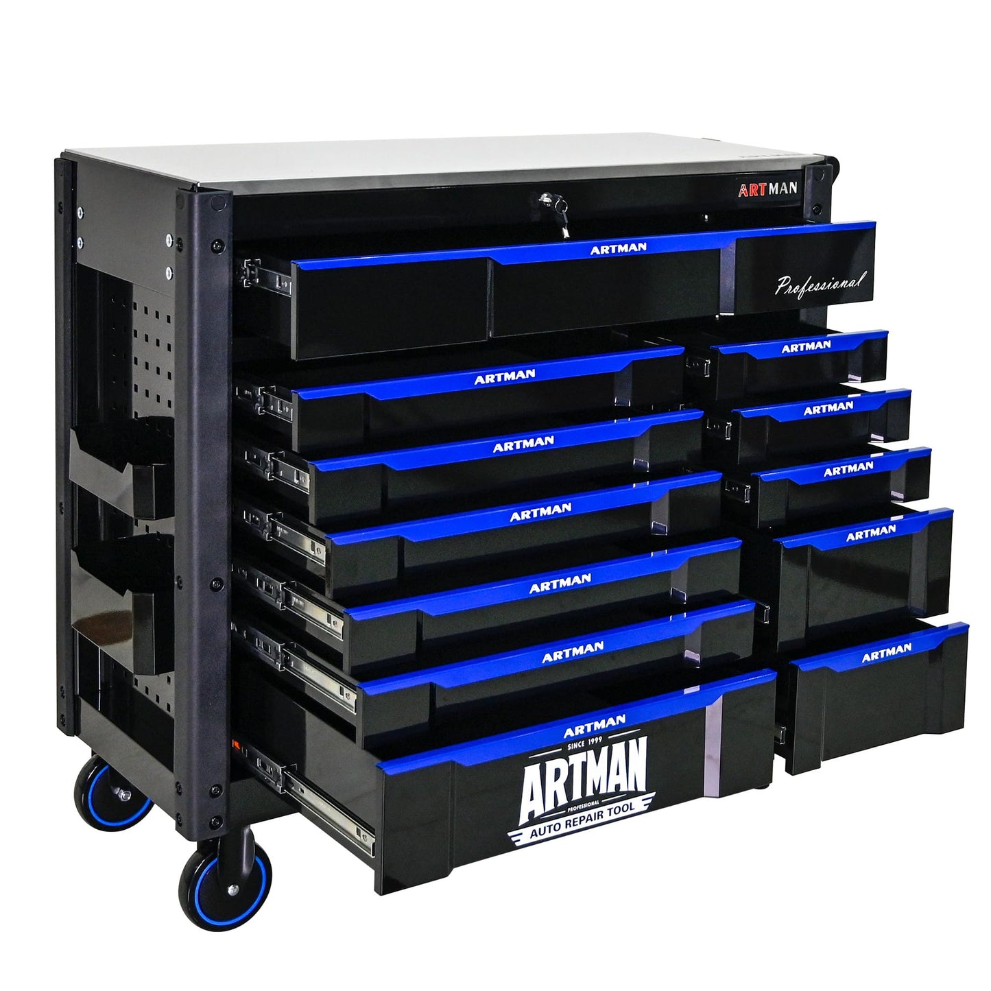 KEIKI 12 Drawer Rolling Tool Cart with Wooden Top, Metal Tool Cabinet with Wheels and Handle, Heavy Duty Storage Organizer for Garage Workshop (Black&Blue)