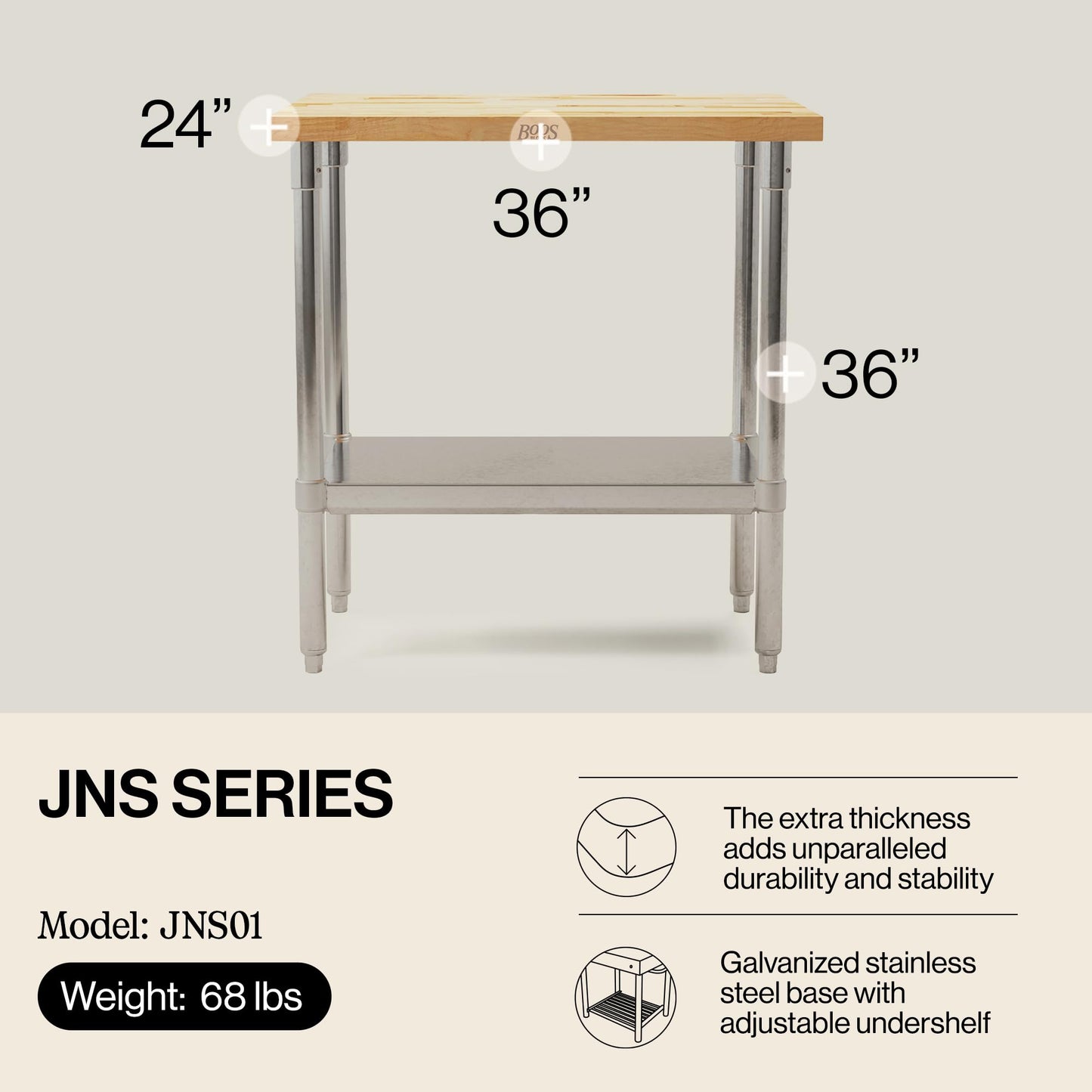 John Boos Maple Wood Top Work Table, 36”x24”x36” – 1.5” Thick Tabletop, 68-lb Kitchen Station with Wooden Edge-Grain Table & Steel Base, & Adjustable Shelf