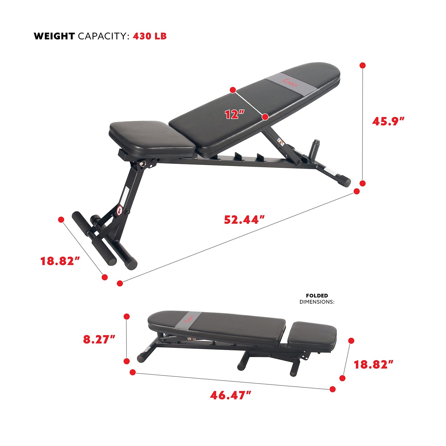 Sunny Health & Fitness Adjustable Weight Bench, Advanced, Incline/Decline, 760 lb Capacity, Multi-Position, Home Gym Strength Training, SF-BH6921