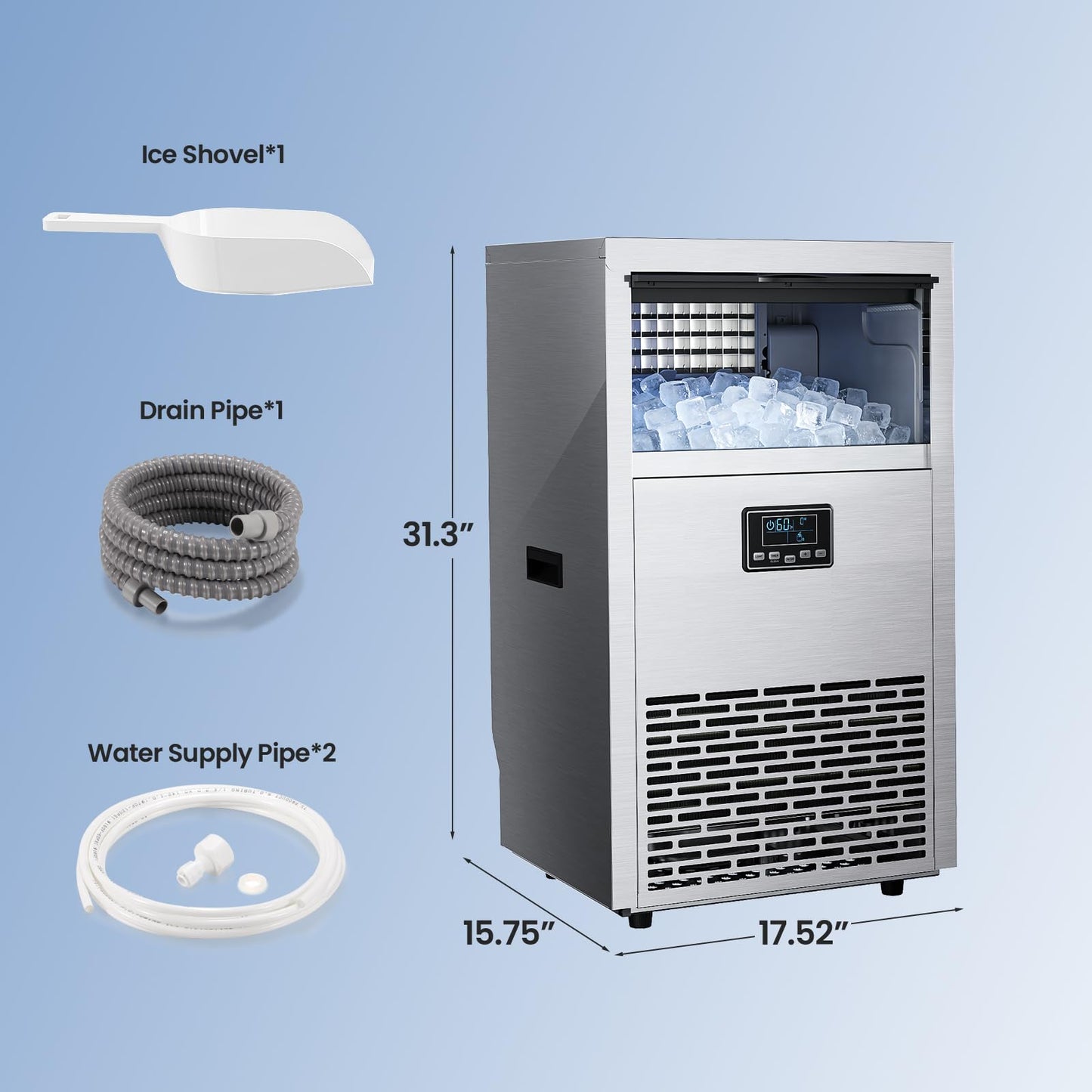Kismile Commercial Ice Maker, 100 lbs/24H Ice Machine with 29 lbs Storage, Under Counter Ice Maker with LED Display & Self-Cleaning, 304 Stainless Steel Structure for Home, Bar, Outdoor Kitchen
