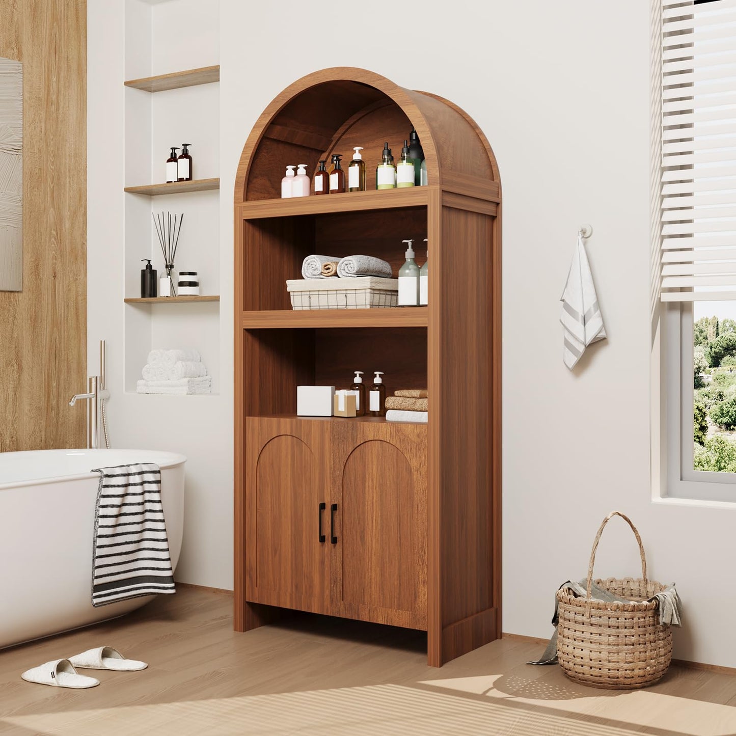 IDEALHOUSE 71" Tall Bookshelf Arched Cabinet with Storage, Mid-Century Bookcase Modern Wooden Kitchen Pantry Display Storage Cabinet with Open Adjustable Shelves for Living Room Home Office