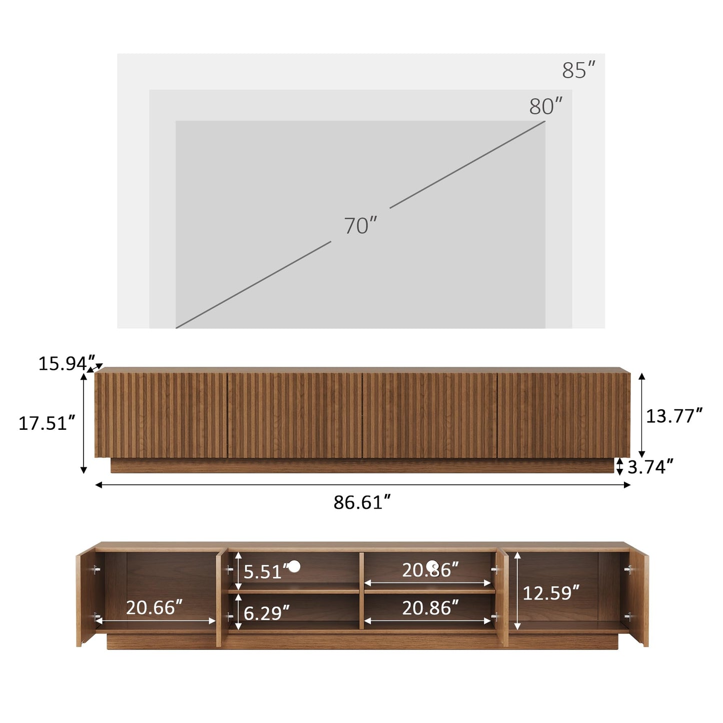 86.61" Mid-Century Modern TV Stand for TVs up to 85", Walnut Entertainment Console with Large Storage, Sturdy Media Cabinet for Living Room & Bedroom