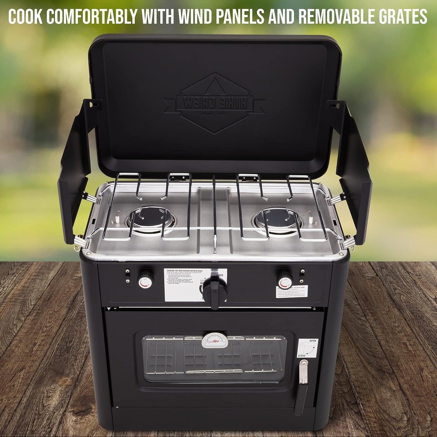 Hike Crew Outdoor Gas Camping Oven w/Carry Bag | CSA Approved Portable Propane-Powered 2-Burner Stove & Auto Ignition, Overheat Safety Shutoff, Built-In Thermometer Hose Regulator Included
