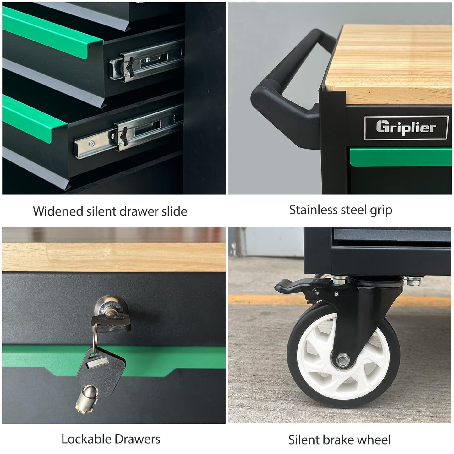 Griplier 14-Drawers Rolling Tool Chest with Wood Workbench,Brake Casters,Lock & Key,Heavy-Duty Steel Tool Cabinet Storage, for Home,Garbge or Workshop Use (14 Drawers)