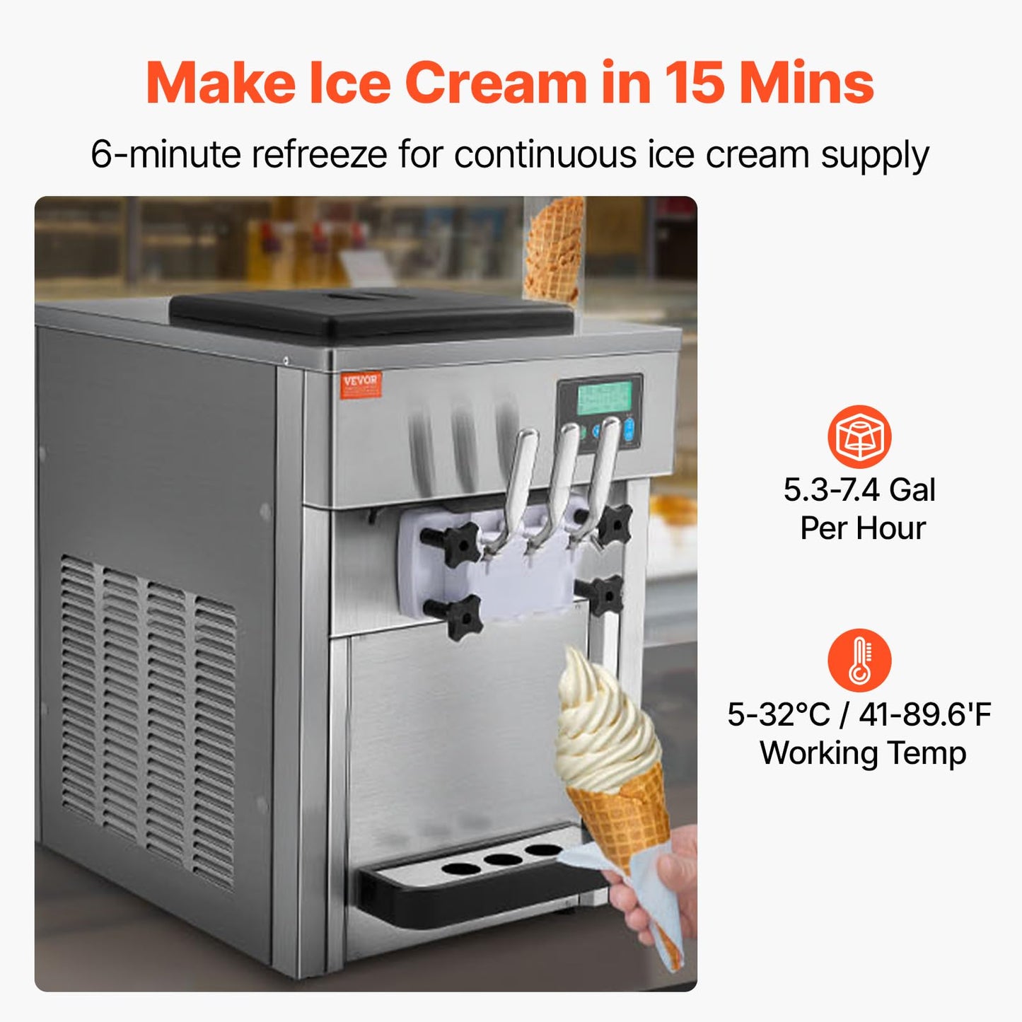 VEVOR Commercial Ice Cream Machine, 21 QT/H Soft Serve Ice Cream Maker with LCD Panel Auto Clean 3-Flavor Pre-cooling for Restaurant Snack Bar