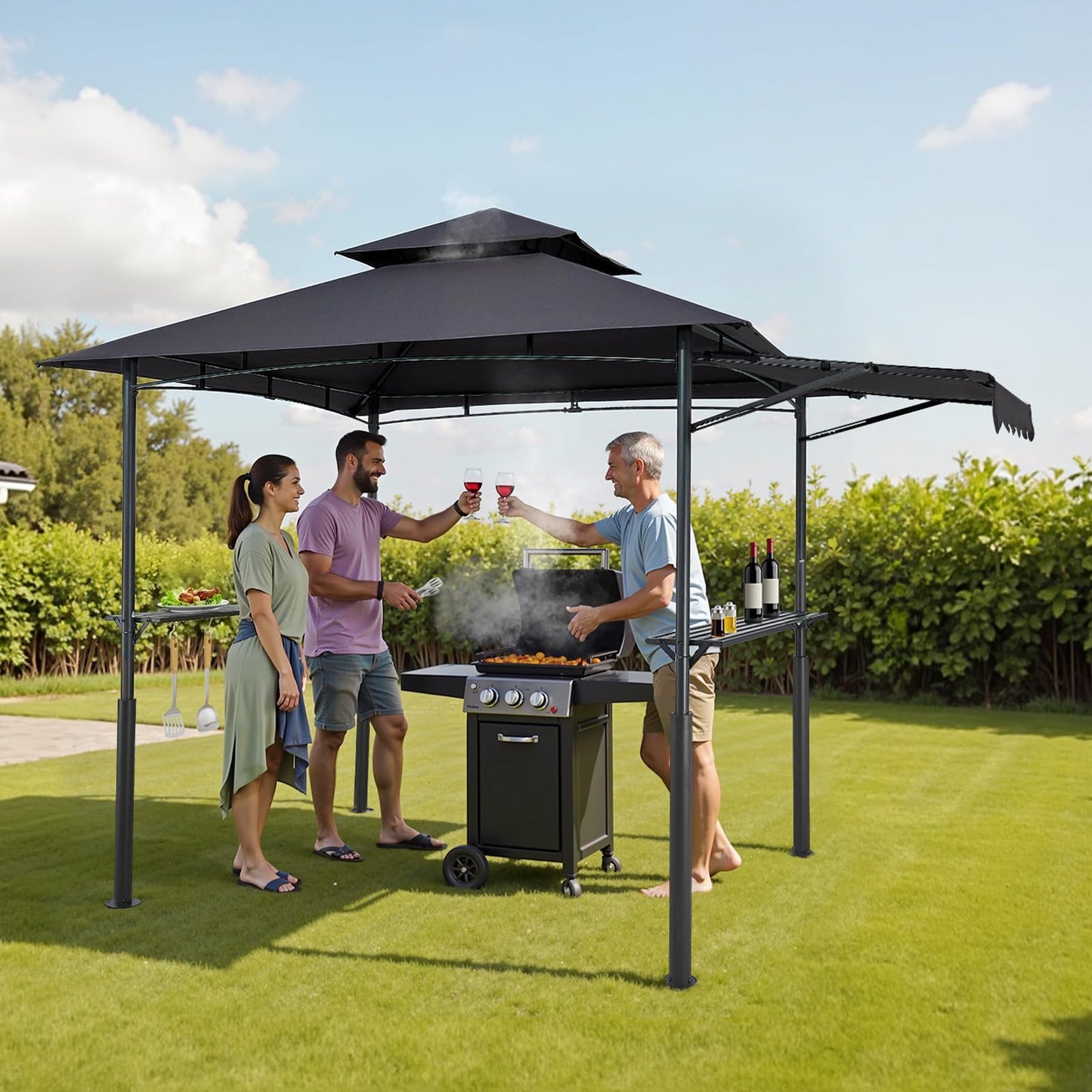 VEVOR Grill Gazebo, 8x5 ft BBQ Gazebo with Extra Awning, Double-Tiered Outdoor Grill Shelter, Thickened Support Legs, Powder-Coated Steel Grilling Canopy with Side Shelves, Bottle Opener & Hooks