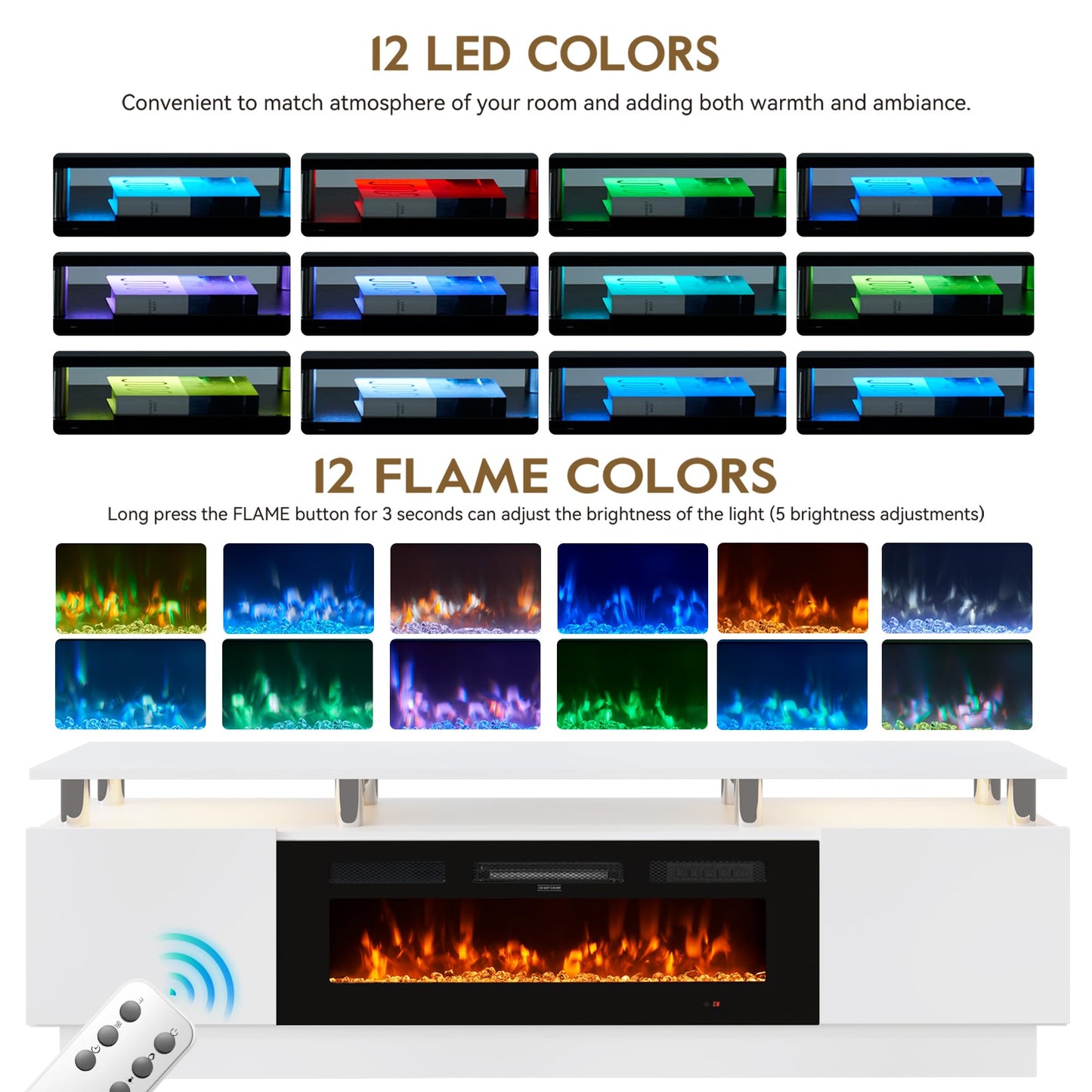 OneBlis 70" Fireplace TV Stand for TVs UP to 80", Electric Fireplace Entertainment Center with LED Lights & Storage Cabinets, TV Console for Living Room, Office, White-Black