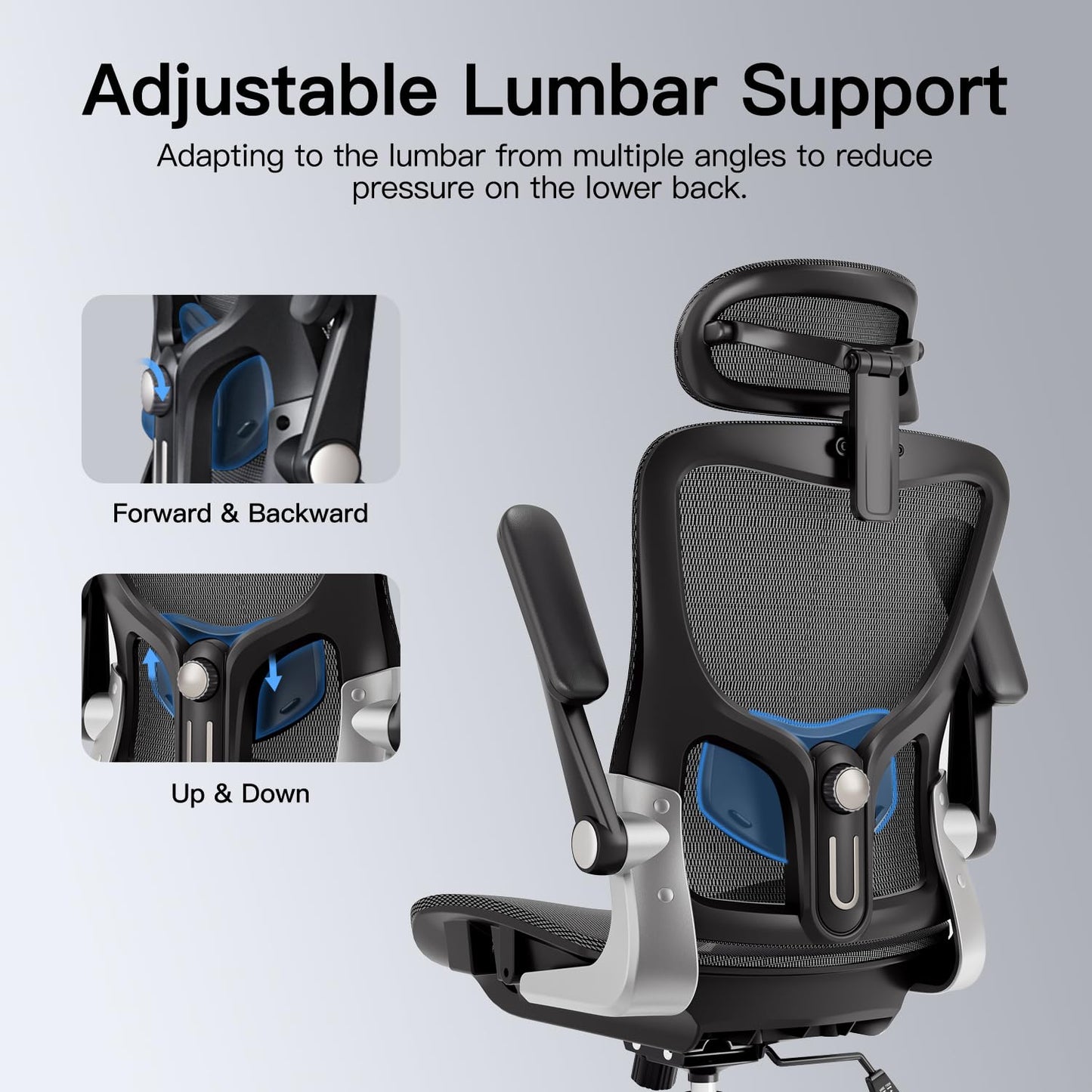 marrap Ergonomic Office Chair, Mesh Desk Chair with 3D Armrests, Adjustable Lumbar Support and Headrest, 90-120° Rocking Function, Black