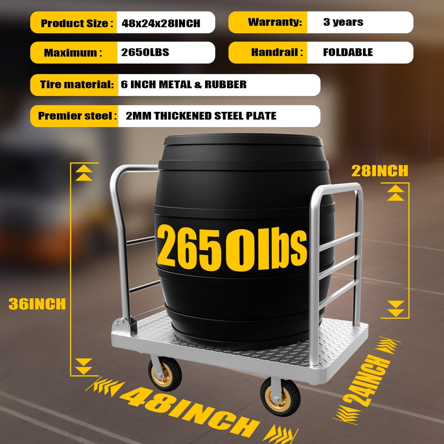 Lomive 2IN1 48"×24" Platform Truck Cart 2650lbs Heavy Duty Flatbed Cart Dolly w/Detachable Rear Guardrail and Swivel Casters, Push Cart, Work Gloves 2Pairs & 1 Bunge Cord Included