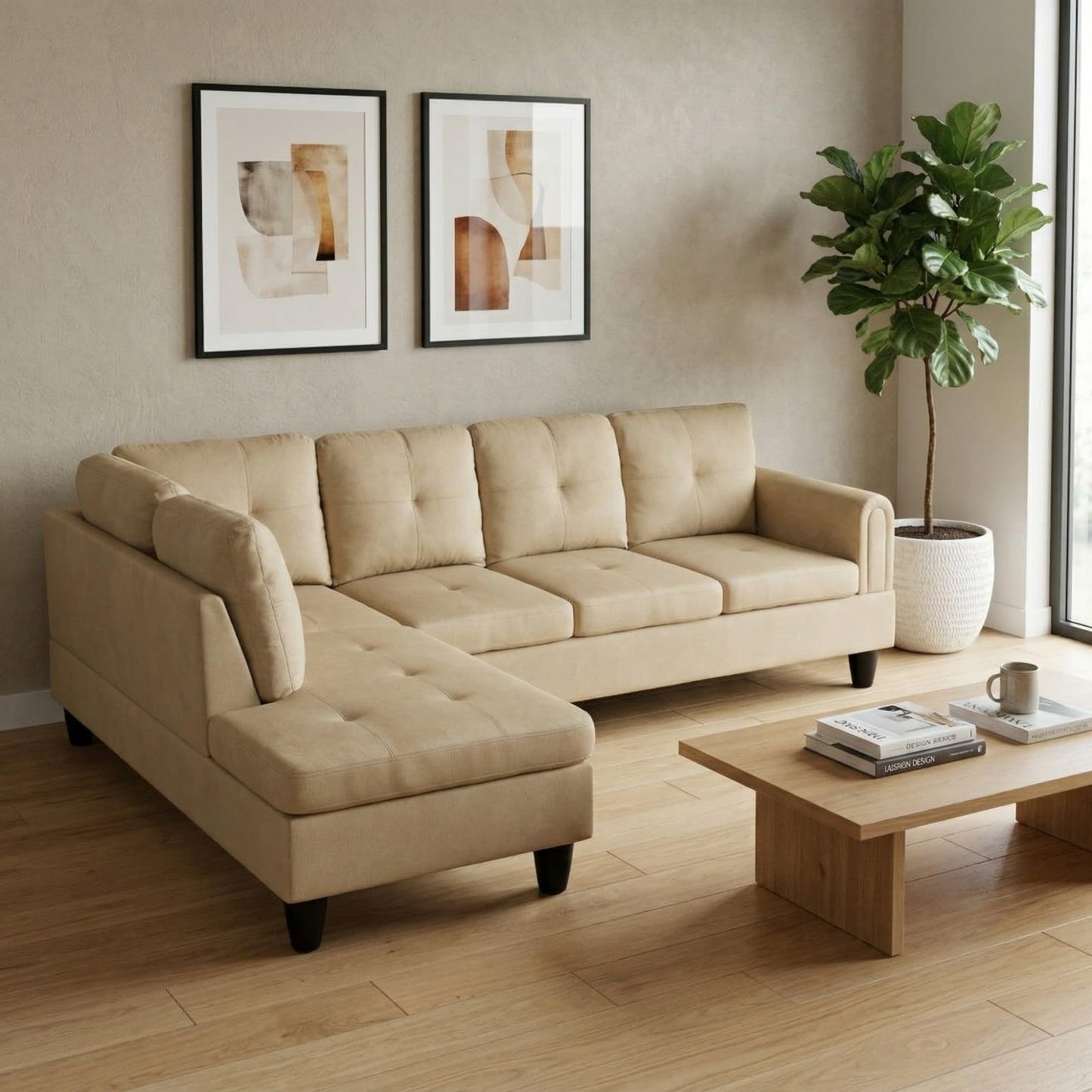 NicBex Comfy Couches for Living Room, 2-Piece 97" L-Shaped Sectional Couch with Movable Chaise, Modern Sofa Living Room Set for Apartment, Office & Bedroom, Beige