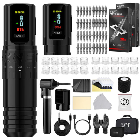 Tattoo Gun Kit -Xnet Vipera Adjustable Strokes Tattoo Machine with Extra 2400mAh Battery Color Display Coreless Motor 40pcs X-RAY Mixed Size Cartridge Needles For Tattoo Artists