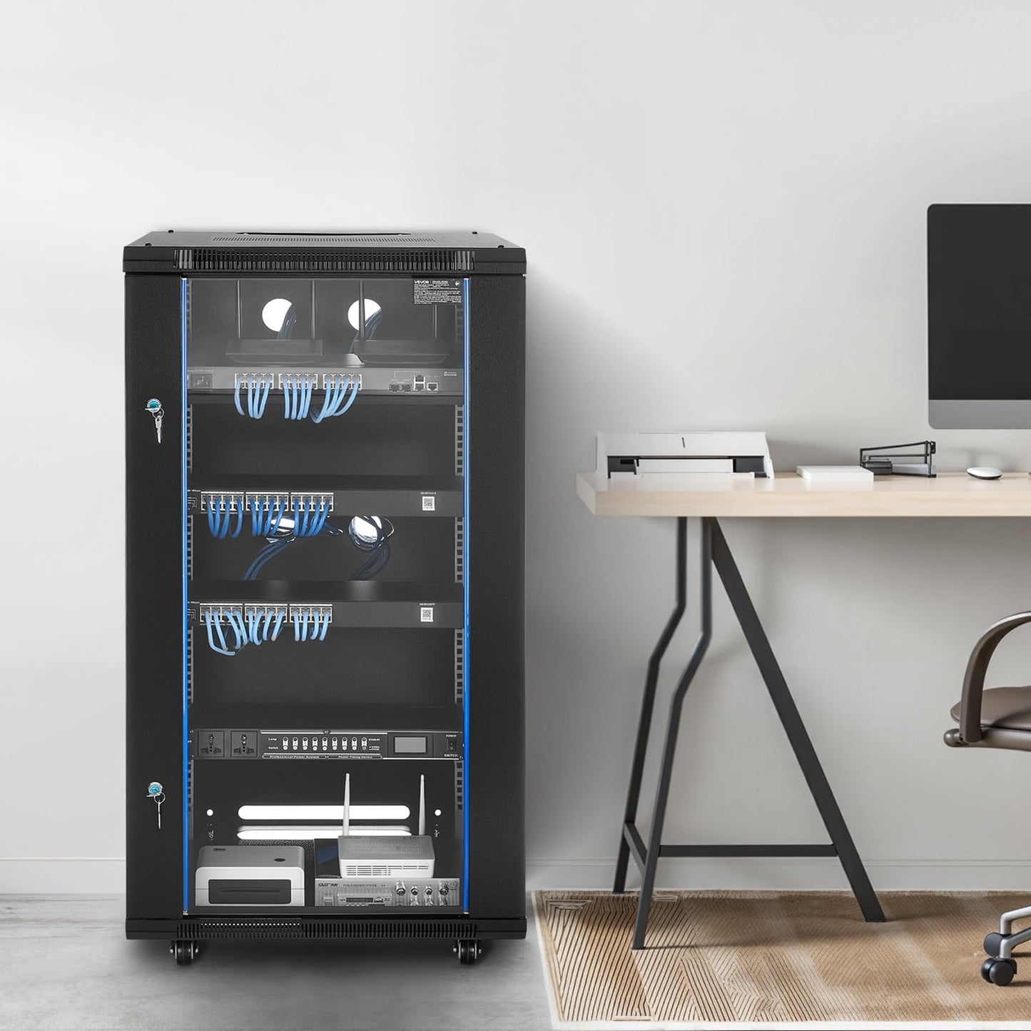 VEVOR 22U Server Rack Cabinet, Network Cabinet Wall Mount, 23.6 in Depth, Network Rack Enclosure with Locking Tempered Glass Door, 4 Casters, Side Panels, for 19’’ IT Equipment, A/V Devices