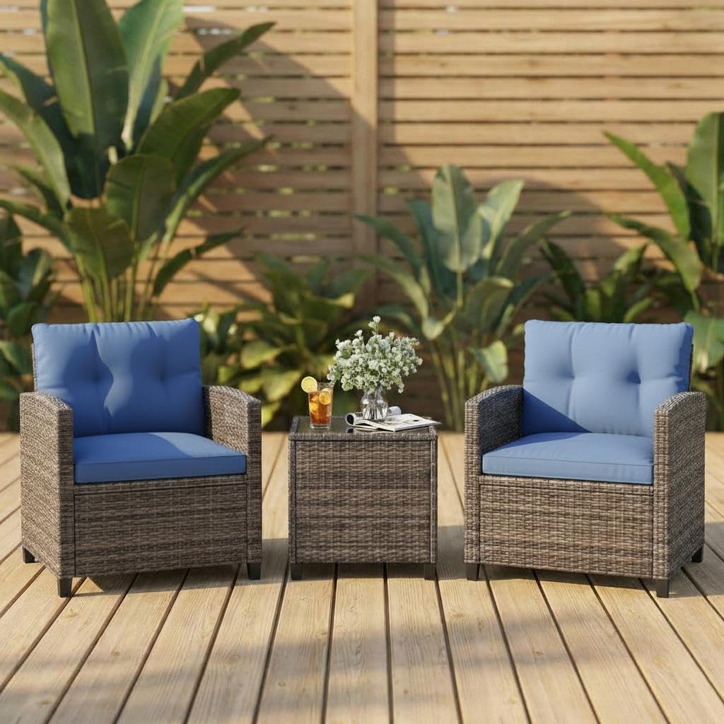 GarveeLife 3 Pieces Patio Furniture Set, PE Rattan Patio Conversation Set with Tempered Glass Tabletop, Outdoor Wicker Chairs and Table Set for Patio Balcony Garden, Grey & Blue