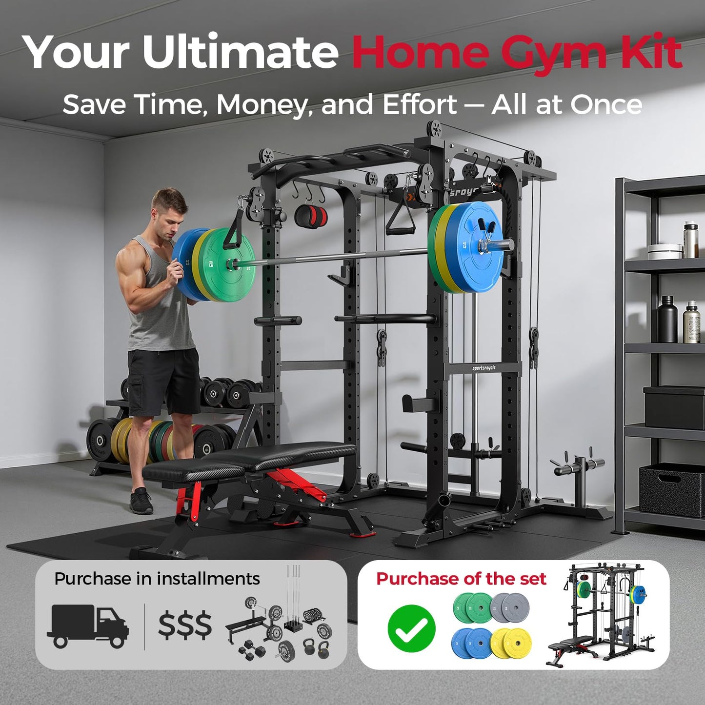 Sportsroyals Power Cage, Multi-Functional Squat Rack, Power Rack with Pulley System & LAT Pull Down, Workout Cage with J Hooks for Home Gym