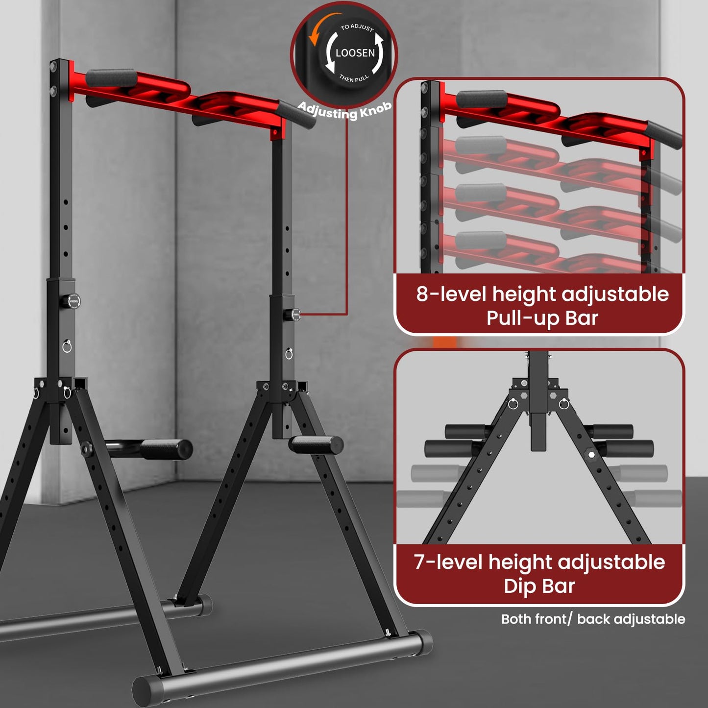 WATBKHE Power Tower Pull Up Dip Station Pull Up Bar Adjustable, Multifunction Home Gym, Strength Training Equipment, Triangular Design, 700LBS Weight Capacity Red