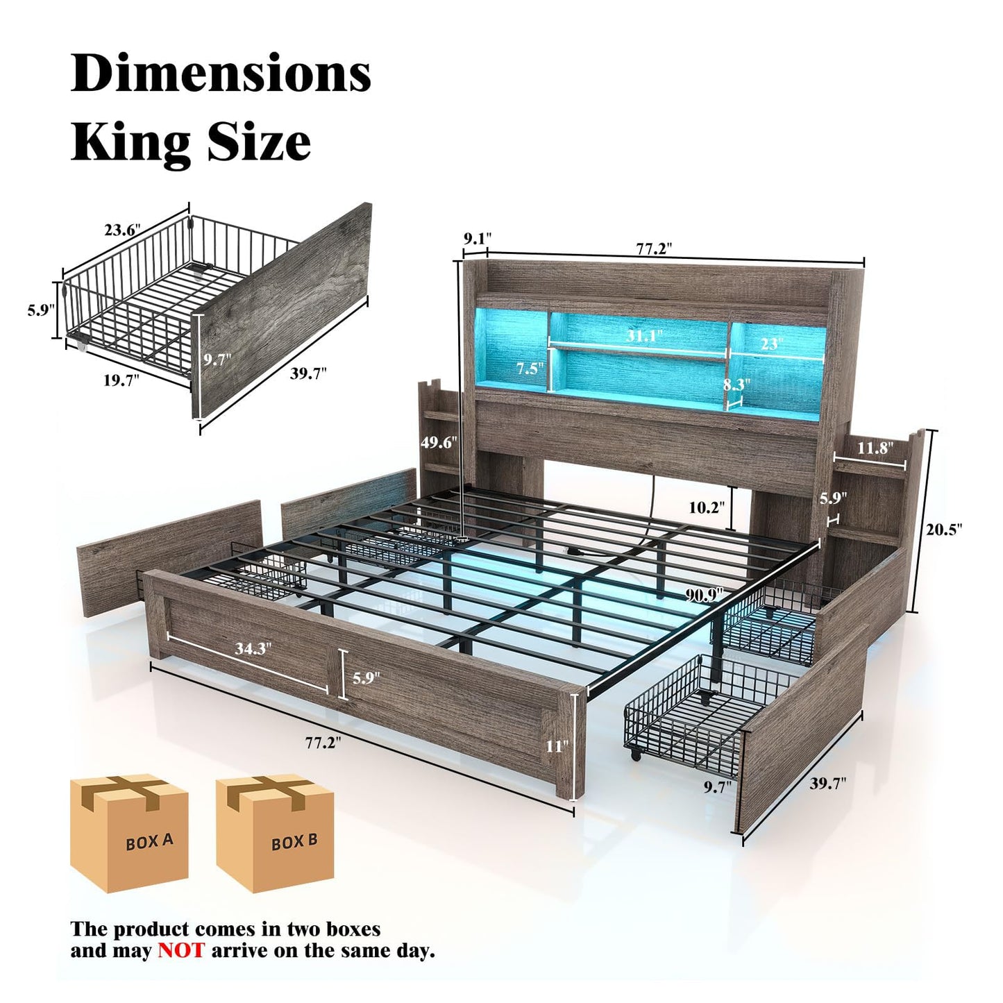 LUXOAK King Bed Frame with 49.6" Bookcase Headboard & 2 Bedside Stoage Racks & 4 Drawers, Farmhouse Wood Bed Frame with RGB LED & Charging Station, No Box Spring Needed, Grey