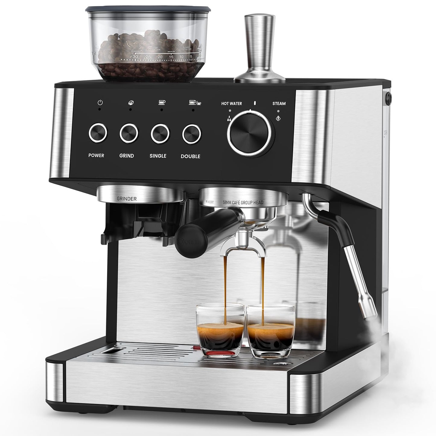 COWSAR 20 Bar Espresso Machine with Grinder & Milk Frother Steam Wand, 58mm Expresso Coffee machines, Commercial Stainless Steel Coffee Maker for Cappuccino and Latte, Perfect for Home Café-Black