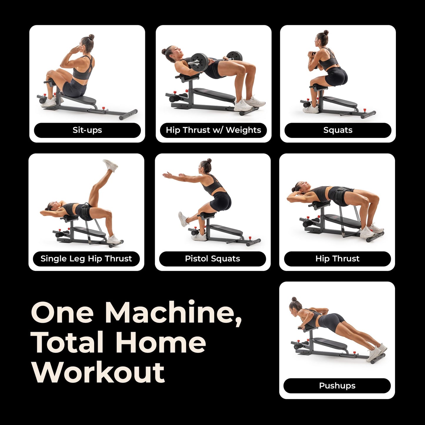 Sunny Health & Fitness Hip Thrust Machine for Home Gym, Multifunction Glute Trainer & Squat Machine, Core Workout Equipment with Resistance Bands, Adjustable Space-Saving Design