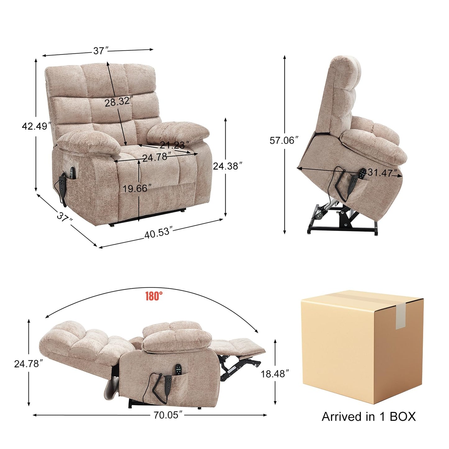 RHHVVR Oversized Power Lift Recliner Chair for Elderly, Dual Motor Lay Flat Recliner Big Chair with Massage and Heating, Chenille Electric Recliner Chairs for Living Room, Medium-Firm, Beige