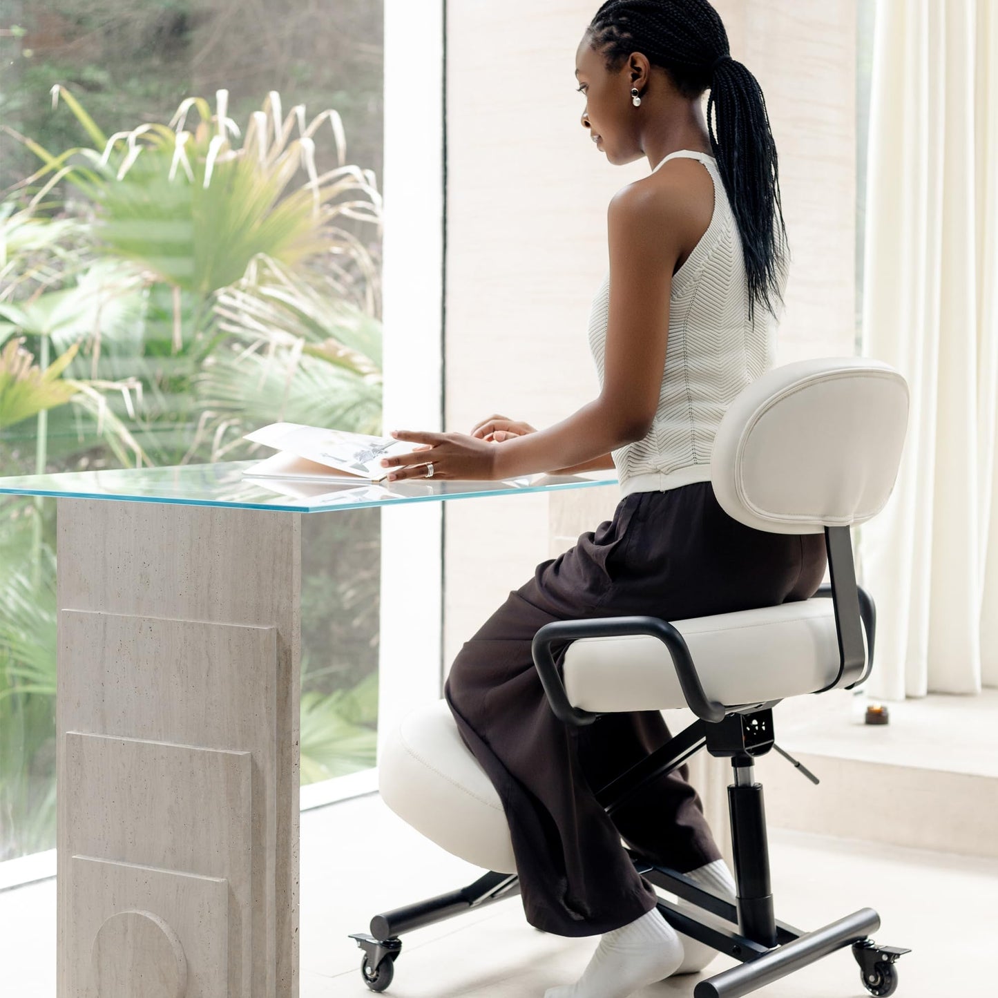 DR.LOMILOMI Ergonomic Kneeling Chair with Backrest, Improve Posture, Thick Cushions, Locking Wheels for Home & Office, AKONI 512B (Vanilla)