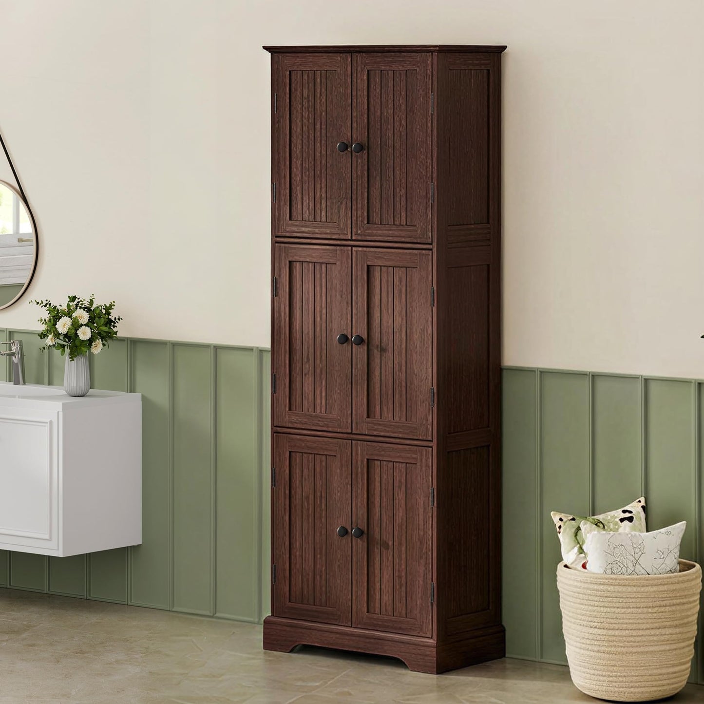ChooChoo Tall Bathroom Storage Cabinet with 6 Doors, Freestanding Floor Cabinet with Adjustable Shelves, Rustic Walnut Pantry Cabinet for Bathroom, Kitchen, Laundry Room