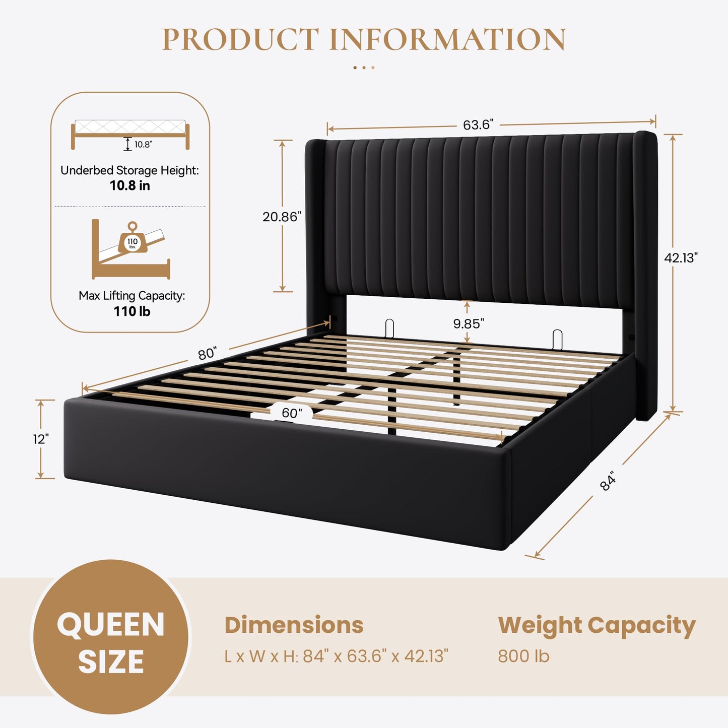 SHA CERLIN Queen Size Lift Up Storage Bed Frame, Vertical Channel Tufted Headboard with Wingback, Hydraulic Underneath Storage Space, Soft Velvet Upholstered Platform Bed, No Box Spring Needed, Black