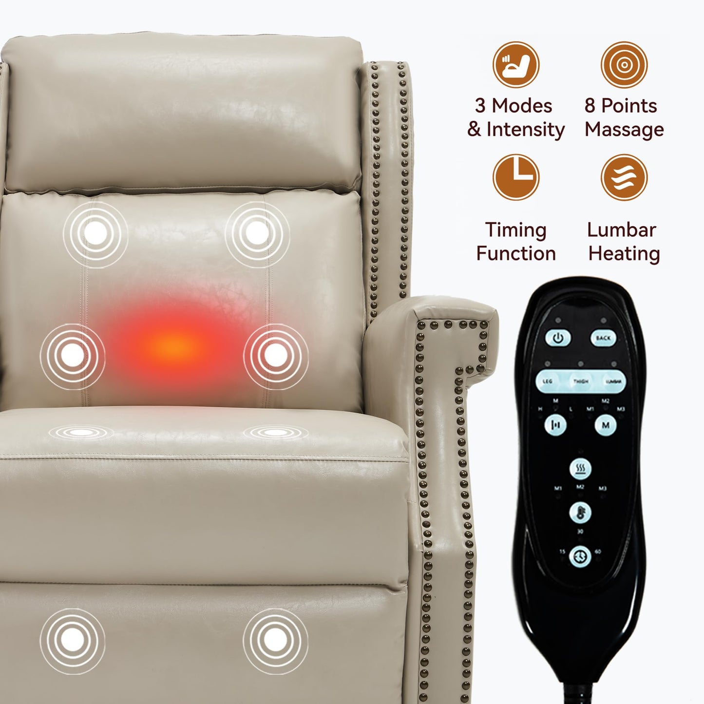 KEIKI Mid Century Modern Oversized Recliner Accent Chair for Adults, Manual Leather Recliner Chair with Back Massager and Heating for Living Room, Rocking Chair for Old Money Living Room Decor, Beige
